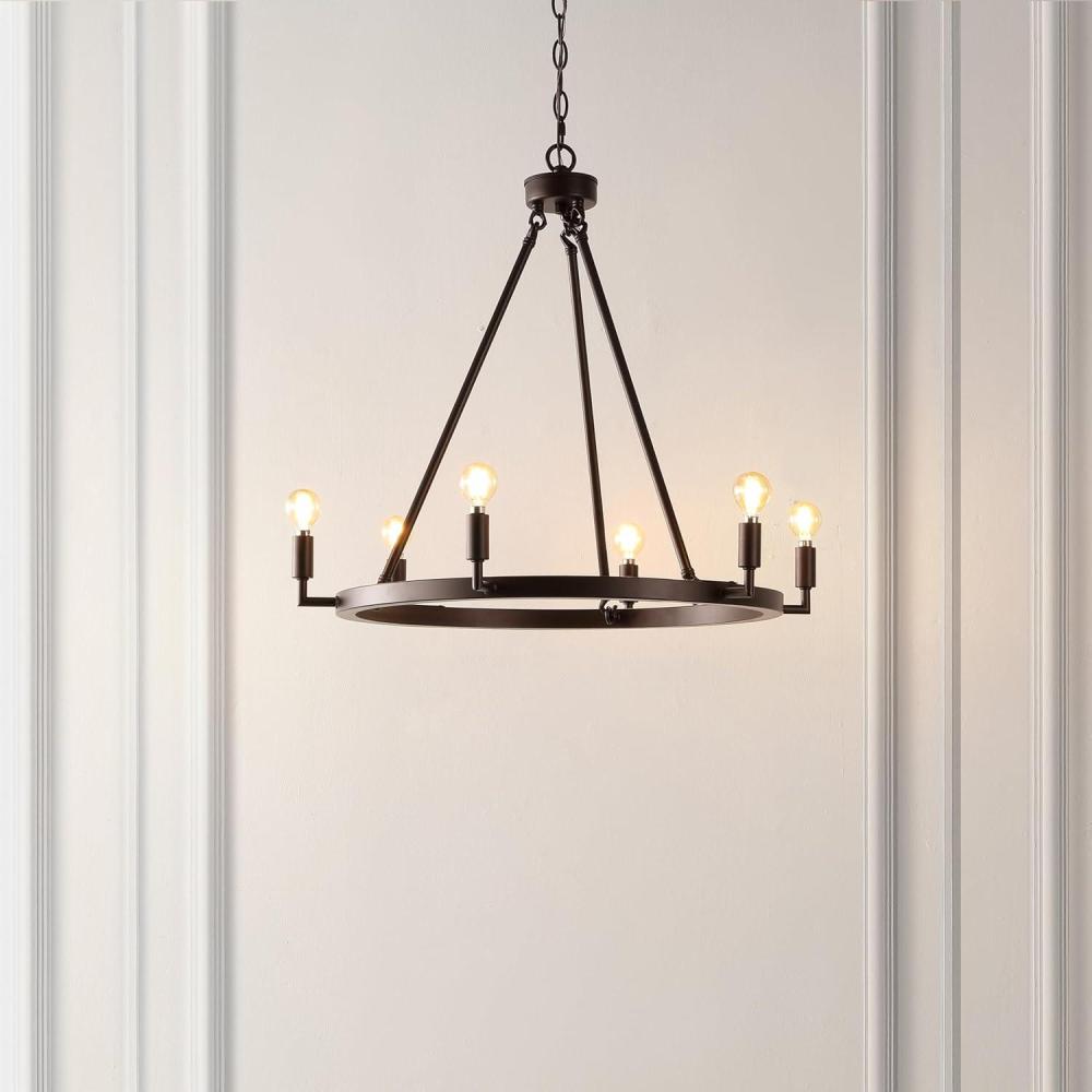 image:imageSAFAVIEH Lighting Collection Nevada Oil Rubbed Bronze 6Light Round Wagon Wheel Hanging Adjustable Chandelier Light Fixture LED Bulbs Included