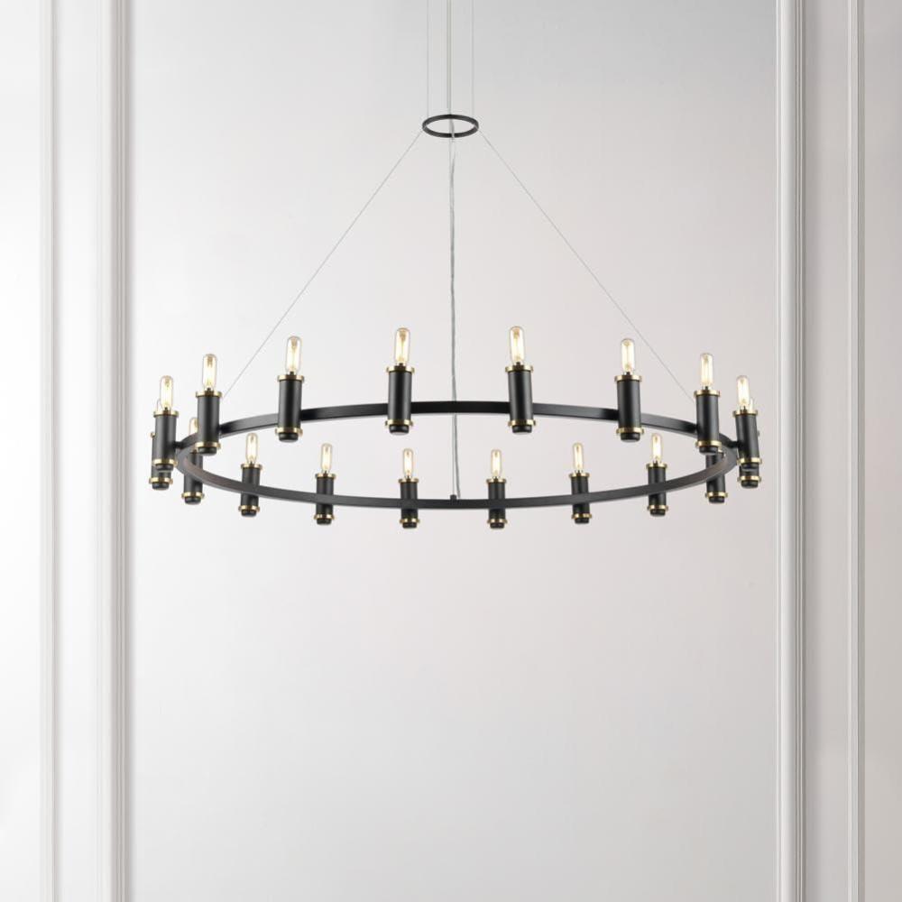 image:imageSAFAVIEH Lighting Collection Poitier Modern Farmhouse BlackBrass 18Light Wagon Wheel Chandelier Round Light Fixture Ideal for Dining Room Kitchen Island Foyer Entryway LED Bulbs Included