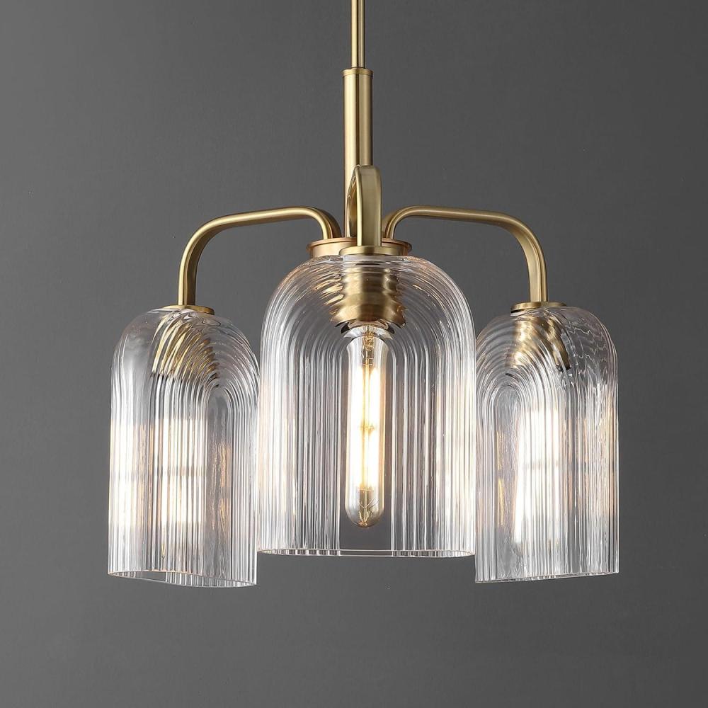 image:imageSAFAVIEH Lighting Collection Romeyn Art Deco Brass 3Light Adjustable Pendant Chandelier Hanging Light Fixture Ideal for Dining Room Kitchen Island Foyer Entryway LED Bulbs Included