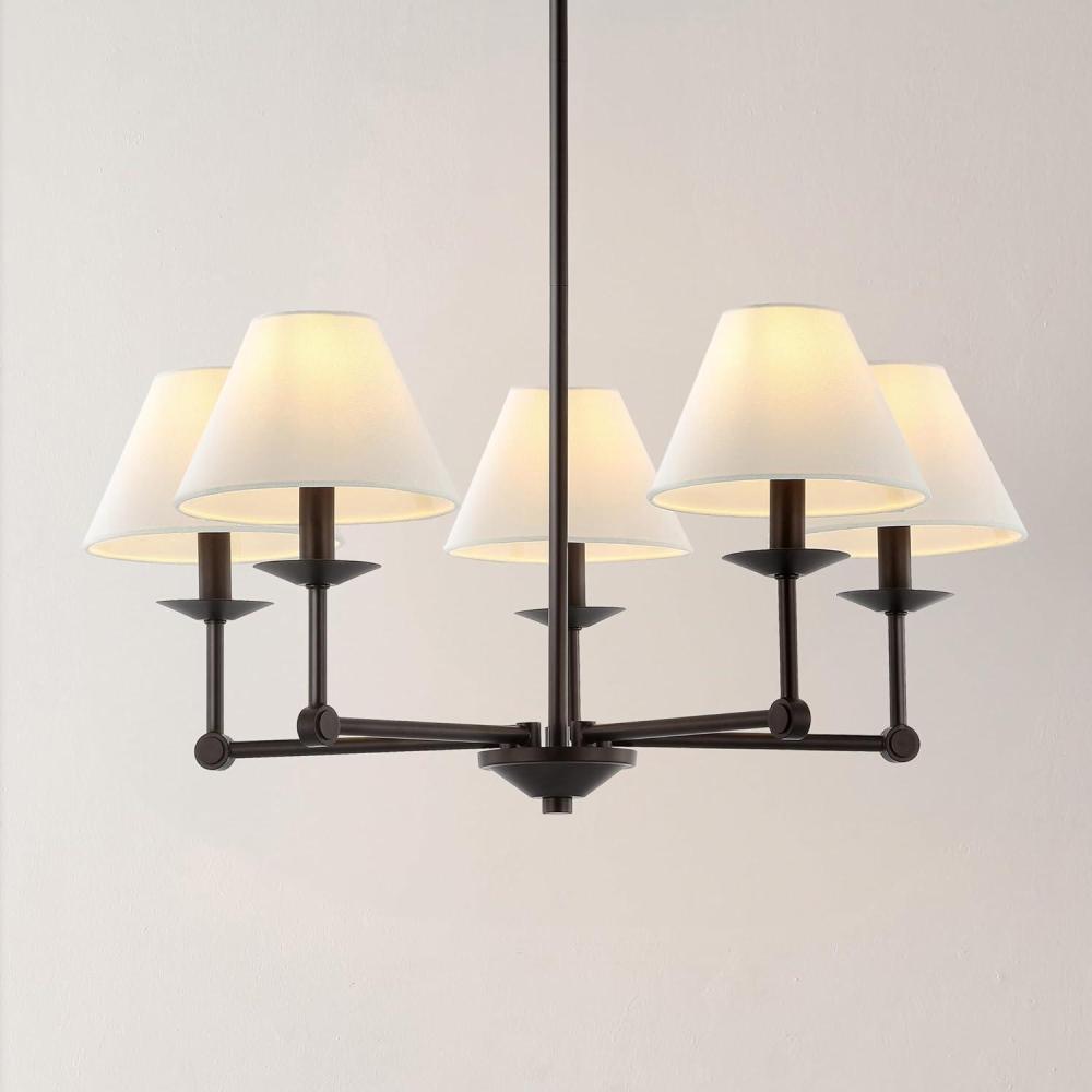 image:imageSAFAVIEH Lighting Collection Rowley Modern Farmhouse 5Light Adjustable Chandelier Light Fixture with Fabric Shades Ideal for Dining Room Kitchen Island Foyer Entryway LED Bulbs Included