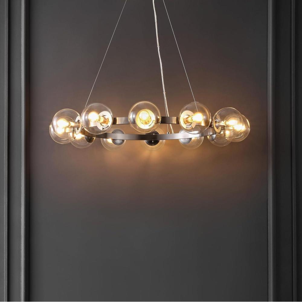 image:imageSAFAVIEH Lighting Collection Rylian Black 12Light Round Hanging Adjustable Chandelier Light Fixture LED Bulbs IncludedNickle
