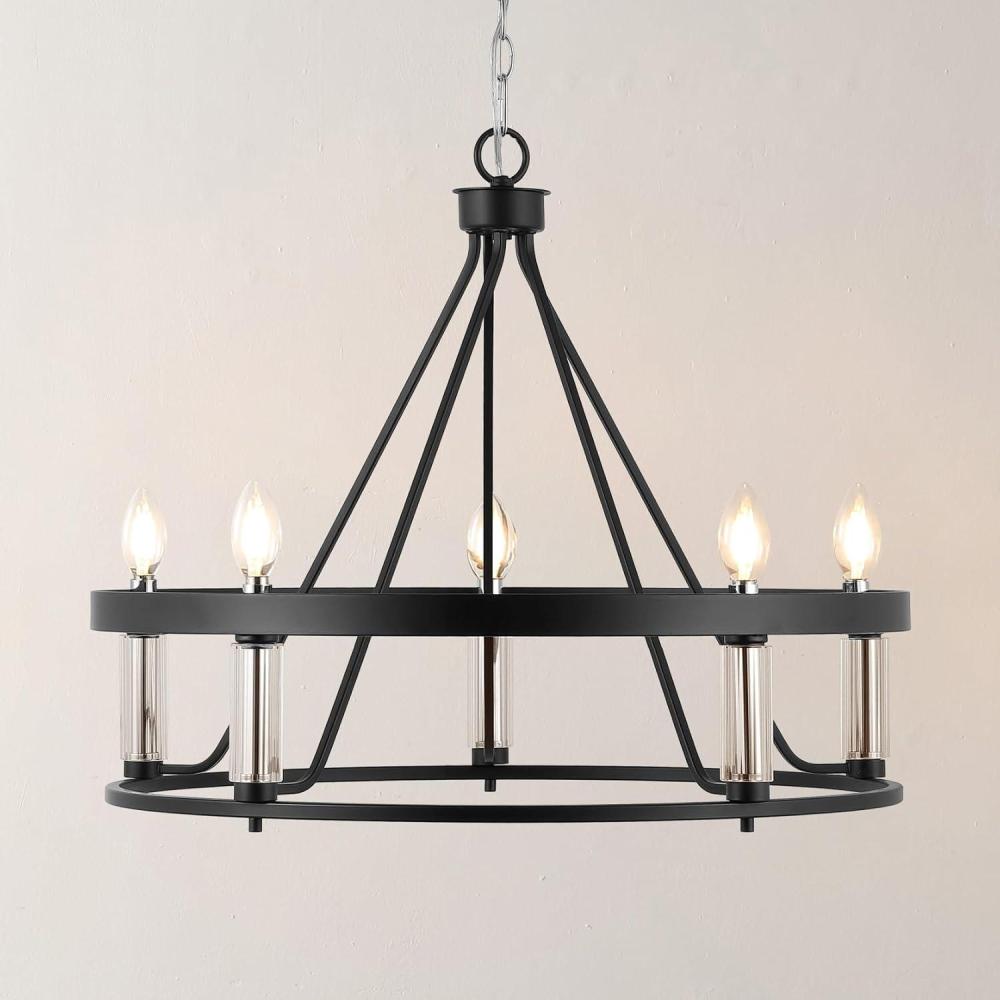 image:imageSAFAVIEH Lighting Collection Trenton Modern Farmhouse BlackChrome 5Light Adjustable Pendant Chandelier Wagon Wheel Ideal for Dining Room Kitchen Island Foyer Entryway LED Bulbs Included