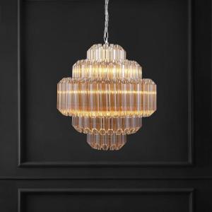 SAFAVIEH Couture Lighting Collection Adaline Art Deco Nickel/Clear Glass Tiered Hanging Adjustable Chandelier Light Fixture (LED Bulbs Included)