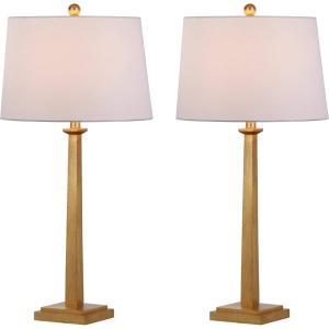 SAFAVIEH Lighting Collection – Andino Set of 2 Gold Leaf Table Lamps with White Drum Shades, 32-Inch Bedroom or Living Room Lamps, LED Bulbs Included (TBL4024A-SET2)