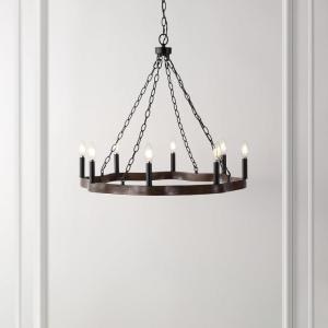 SAFAVIEH Lighting Collection Brookville Black/Brown 8-Light Round Wagon Wheel Hanging Adjustable Chandelier Light Fixture (LED Bulbs Included)