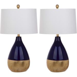 SAFAVIEH Lighting Collection Kingship Modern Contemporary Navy / Gold 24-inch Bedroom Living Room Home Office Desk Nightstand Table Lamp Set of 2 (LED Bulbs Included)(Navy/Gold – Set of 2)