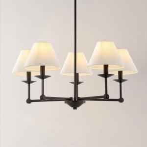 SAFAVIEH Lighting Collection Rowley Modern Farmhouse 5-Light Adjustable Chandelier Light Fixture with Fabric Shades, Ideal for Dining Room, Kitchen Island, Foyer, Entryway (LED Bulbs Included)