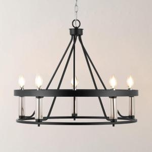 SAFAVIEH Lighting Collection Trenton Modern Farmhouse Black/Chrome 5-Light Adjustable Pendant Chandelier Wagon Wheel, Ideal for Dining Room, Kitchen Island, Foyer, Entryway (LED Bulbs Included)