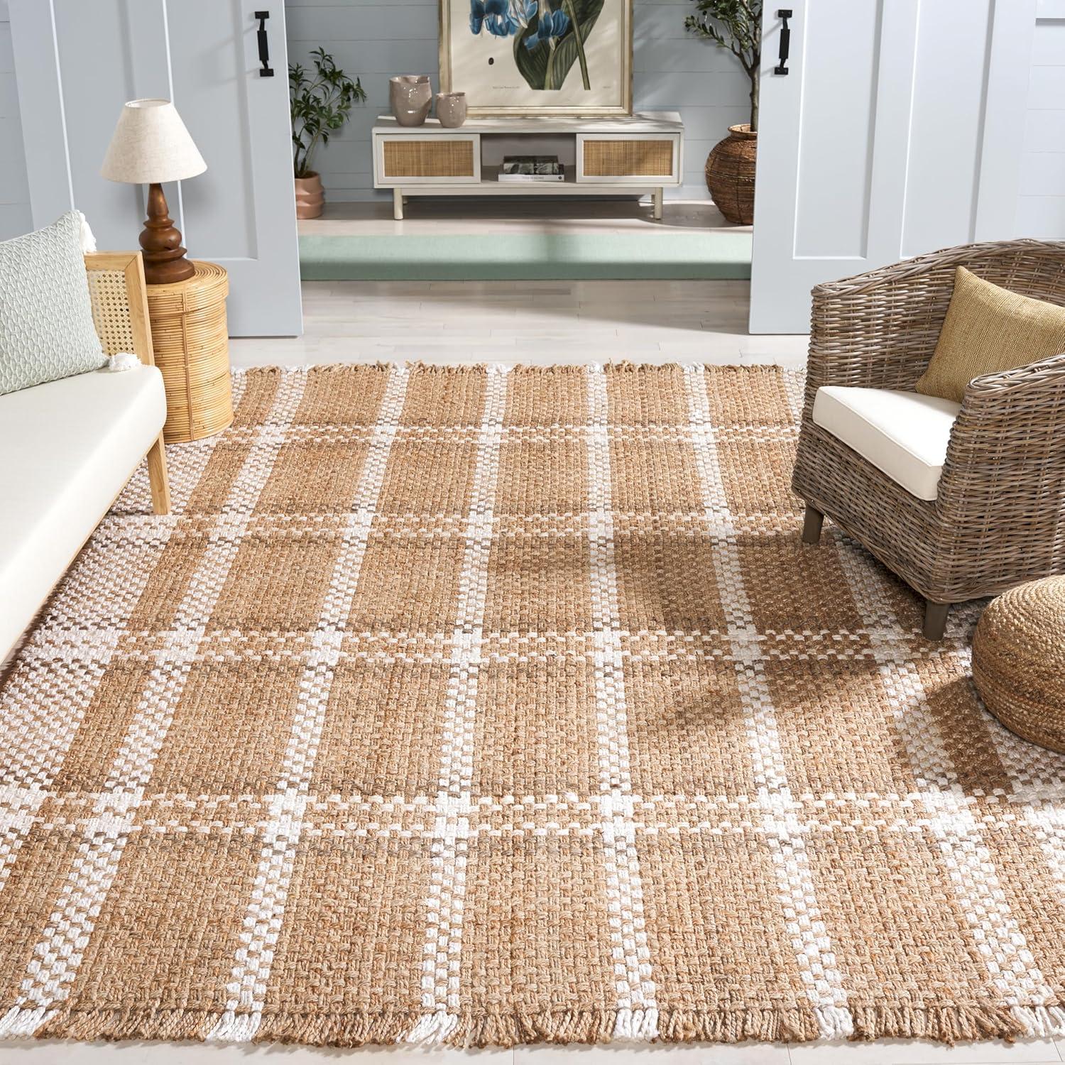 image:imageSAFAVIEH Area Rug 8x10 Natural Fiber Collection Large Natural amp Bleach Handmade Jute Plaid Pattern Ideal for Living Room Bedroom Dining Space NF841ANaturalBleach