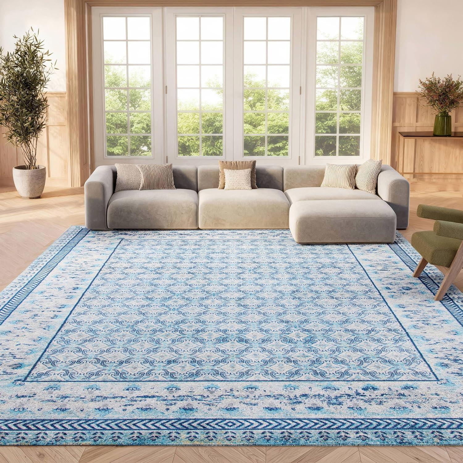 image:imageSAFAVIEH Brentwood Collection 8 x 10 Blue Yellow BNT899M Traditional Oriental Distressed NonShedding Living Room Bedroom Dining Home Office Area RugIvoryAqua