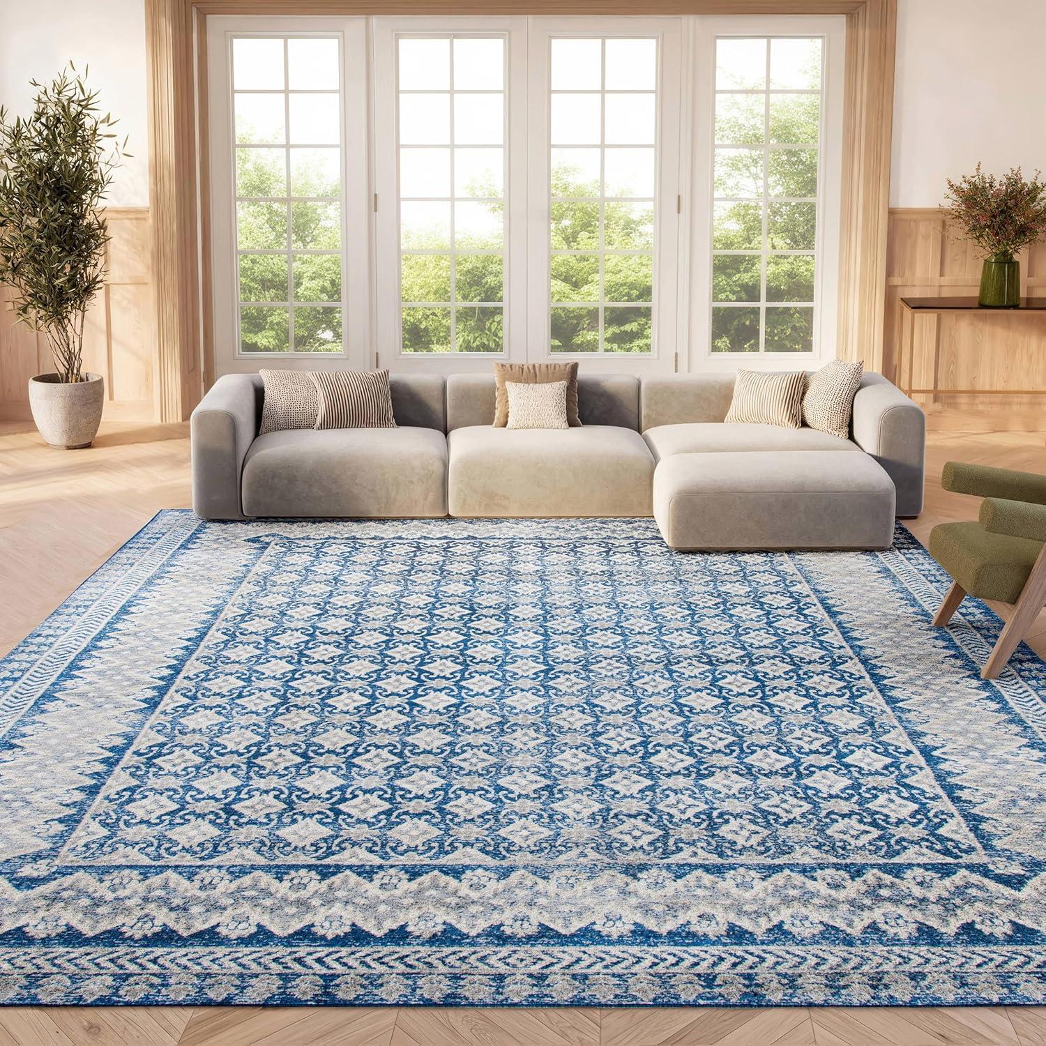 image:imageSAFAVIEH Brentwood Collection 8 x 10 Blue Yellow BNT899M Traditional Oriental Distressed NonShedding Living Room Bedroom Dining Home Office Area RugNavyBeige