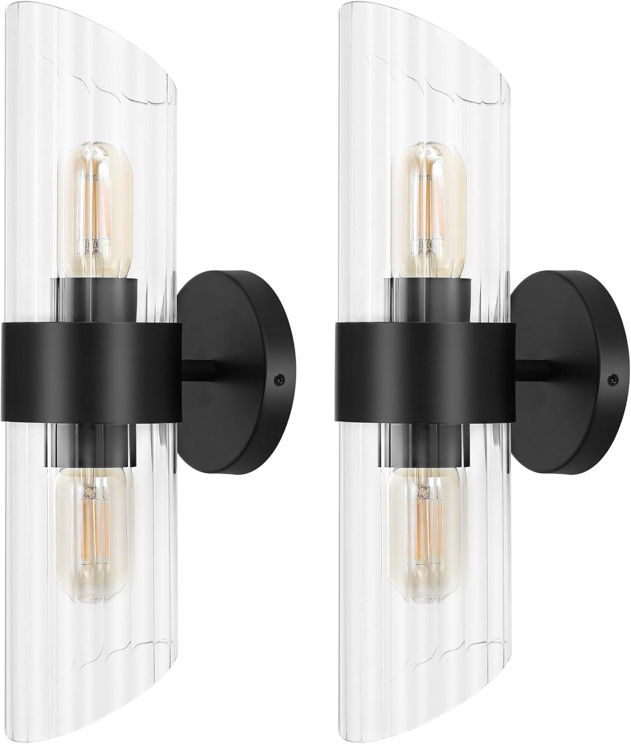 image:imageSAFAVIEH Lighting Collection Eytan Clear GlassBlack Vertical Wall Sconce Set of 2 Light Fixture Ideal for Bathroom Entryway Vanity Foyer Hallway Living Room LED Bulbs IncludedBlack