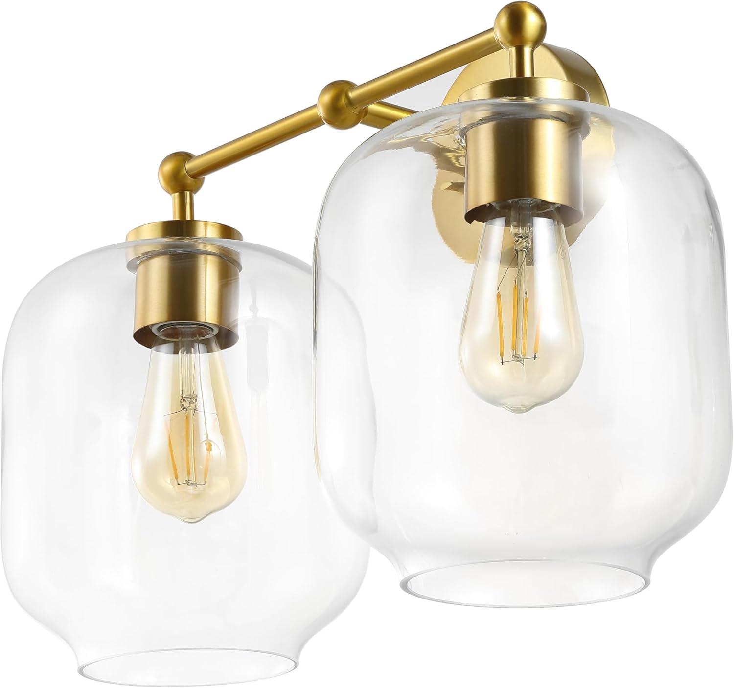 image:imageSAFAVIEH Lighting Collection Navia BrassClear Glass Shade 2Light Wall Sconce Light Fixture Ideal for Bathroom Entryway Vanity Foyer Hallway Living Room LED Bulbs Included