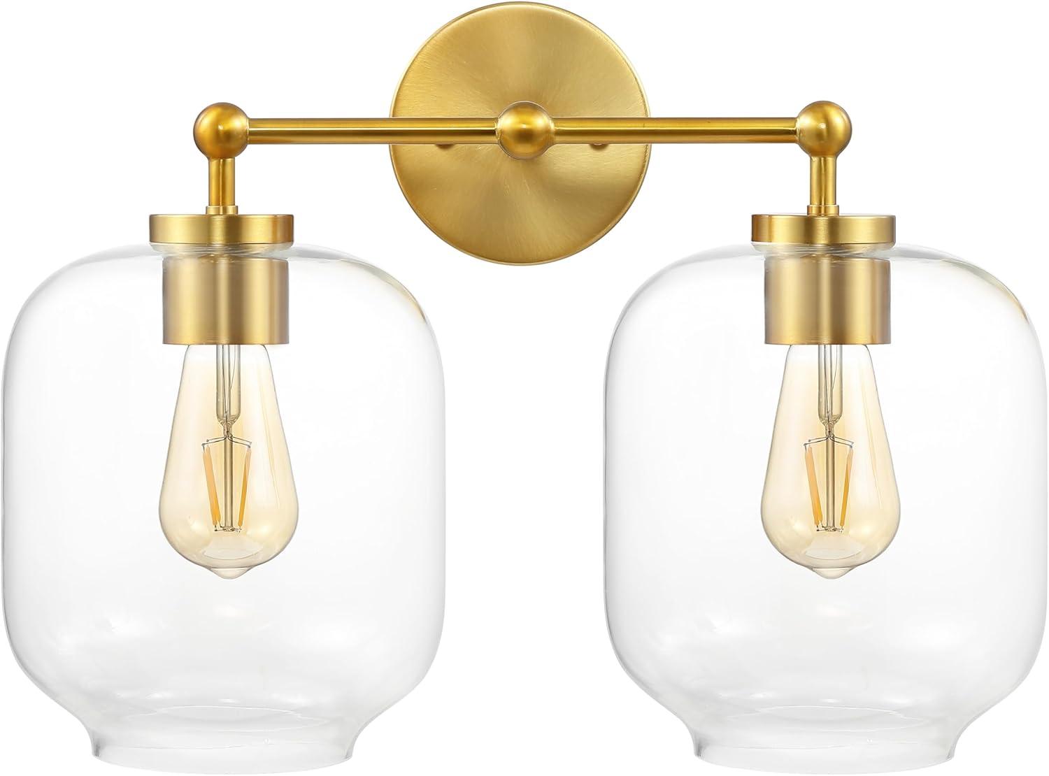 image:imageSAFAVIEH Lighting Collection Navia BrassClear Glass Shade 2Light Wall Sconce Light Fixture Ideal for Bathroom Entryway Vanity Foyer Hallway Living Room LED Bulbs Included