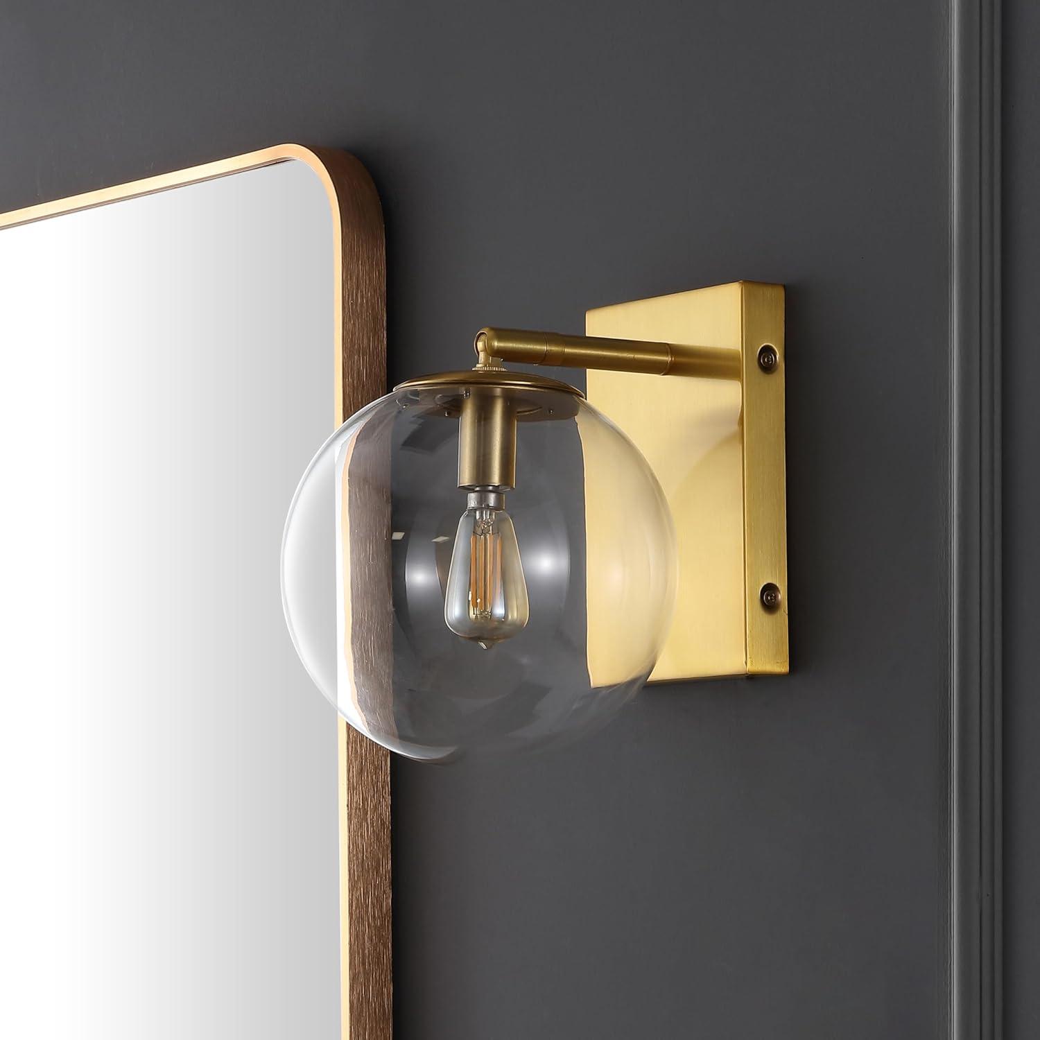image:imageSAFAVIEH Lighting Collection Seoul Modern GoldClear Glass Globe Shade Wall Sconce Set of 2 Light Fixture Ideal for Bathroom Entryway Vanity Foyer Hallway Living Room LED Bulbs IncludedGold