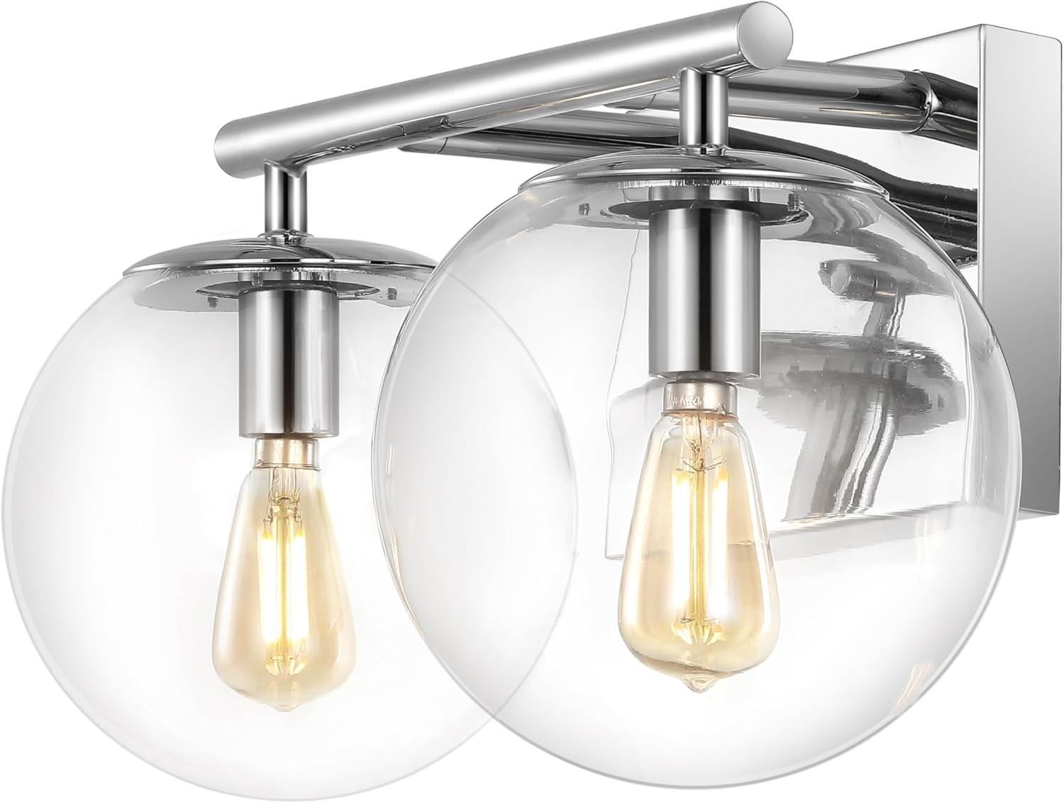 image:imageSAFAVIEH Lighting Collection Severa BrassClear Glass Globe Shade 2Light Wall Sconce Light Fixture Ideal for Bathroom Entryway Vanity Foyer Hallway Living Room LED Bulb IncludedChrome