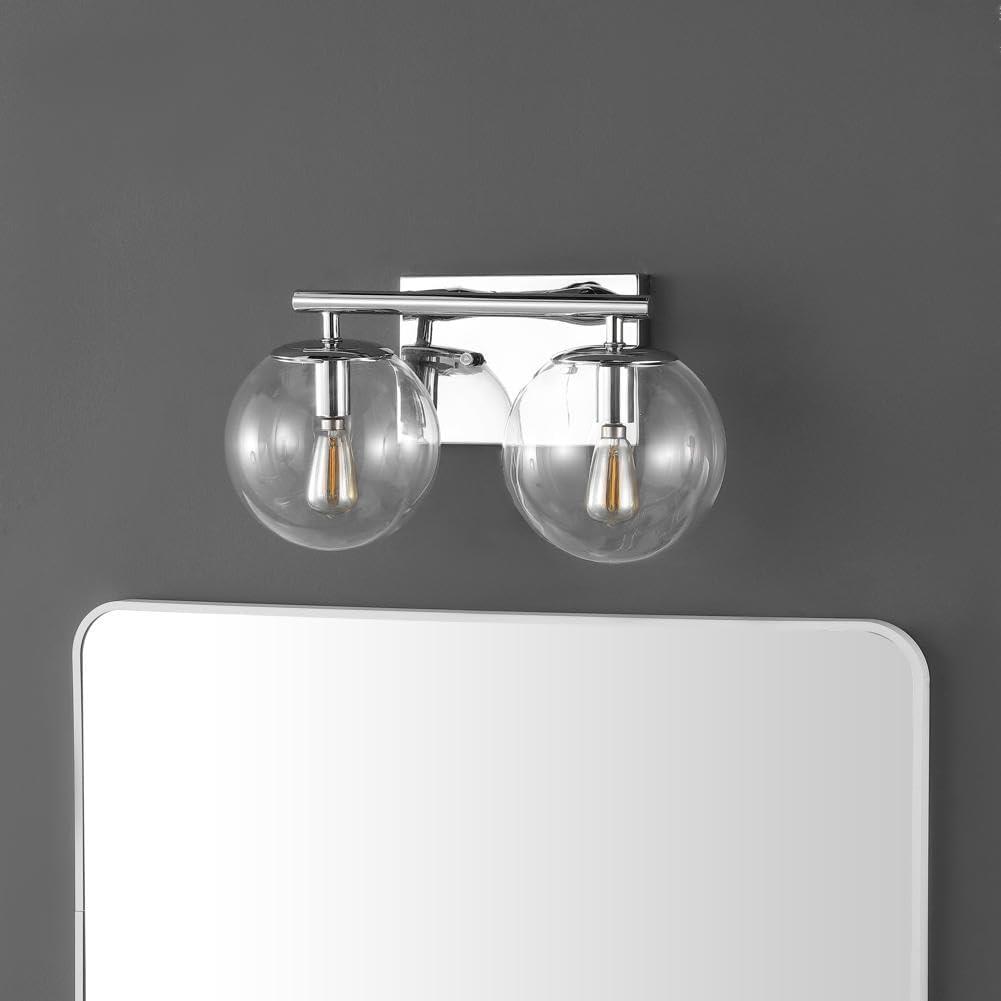 image:imageSAFAVIEH Lighting Collection Severa BrassClear Glass Globe Shade 2Light Wall Sconce Light Fixture Ideal for Bathroom Entryway Vanity Foyer Hallway Living Room LED Bulb IncludedChrome