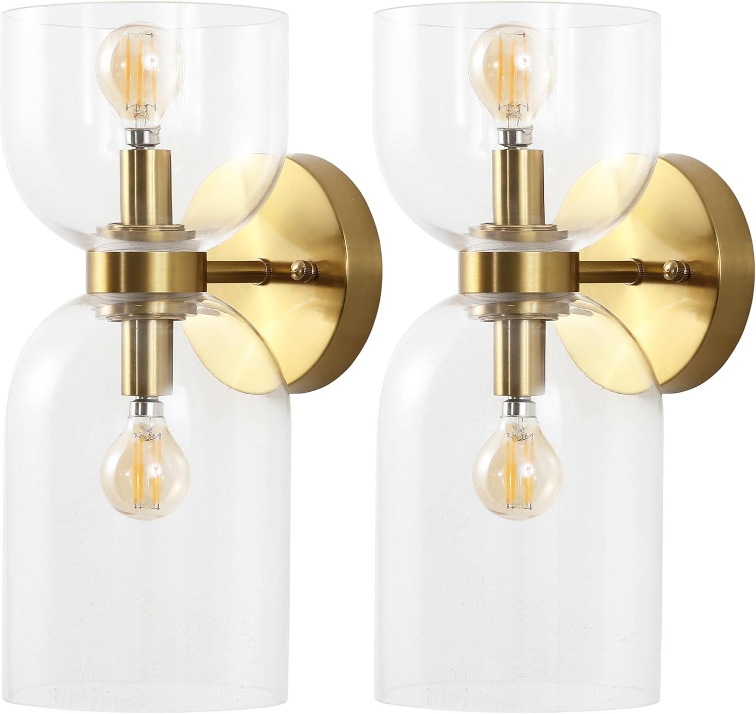 image:imageSAFAVIEH Lighting Collection Solyn Blue Glass ShadeBrass Wall Sconce Set of 2 Light Fixture Ideal for Bathroom Entryway Vanity Foyer Hallway Living Room LED Bulbs IncludedClearBrass