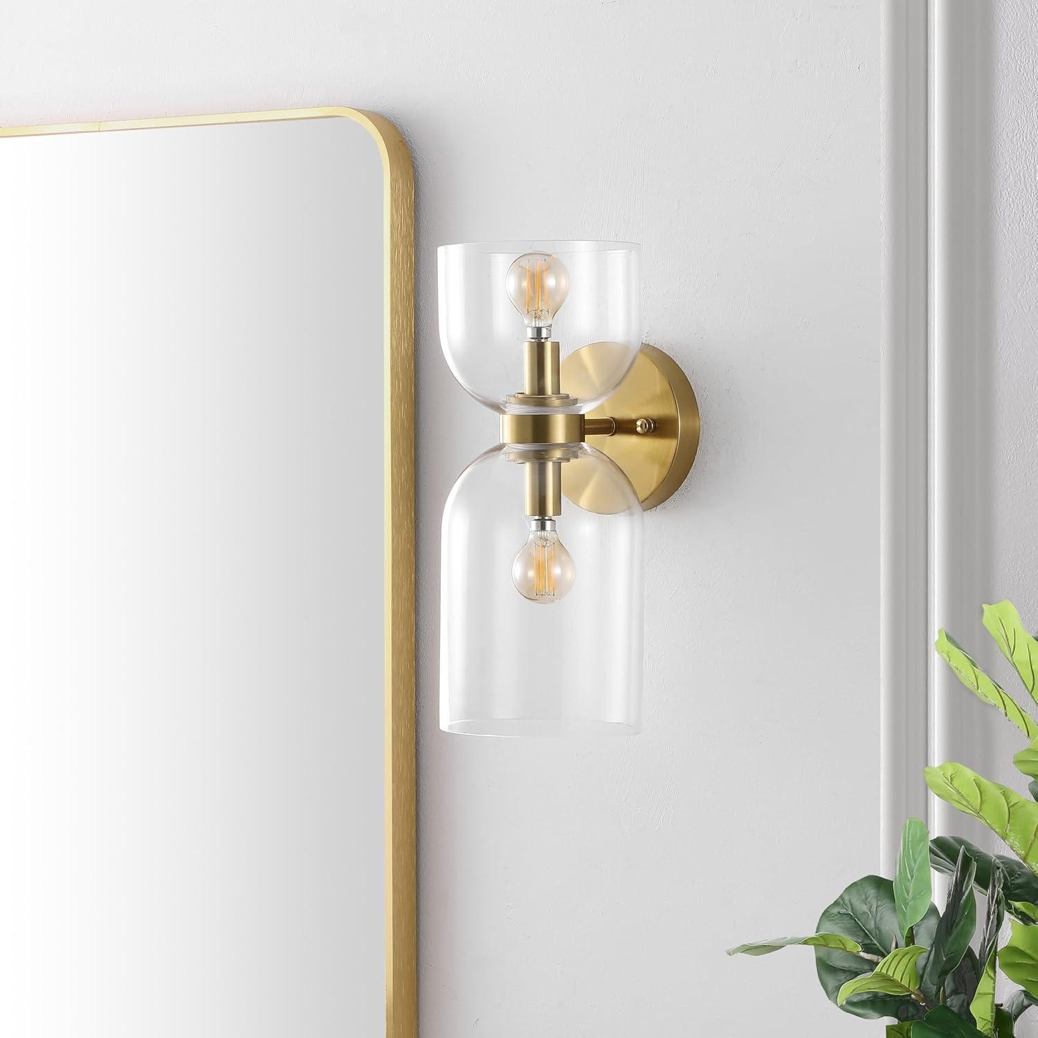 image:imageSAFAVIEH Lighting Collection Solyn Blue Glass ShadeBrass Wall Sconce Set of 2 Light Fixture Ideal for Bathroom Entryway Vanity Foyer Hallway Living Room LED Bulbs IncludedClearBrass