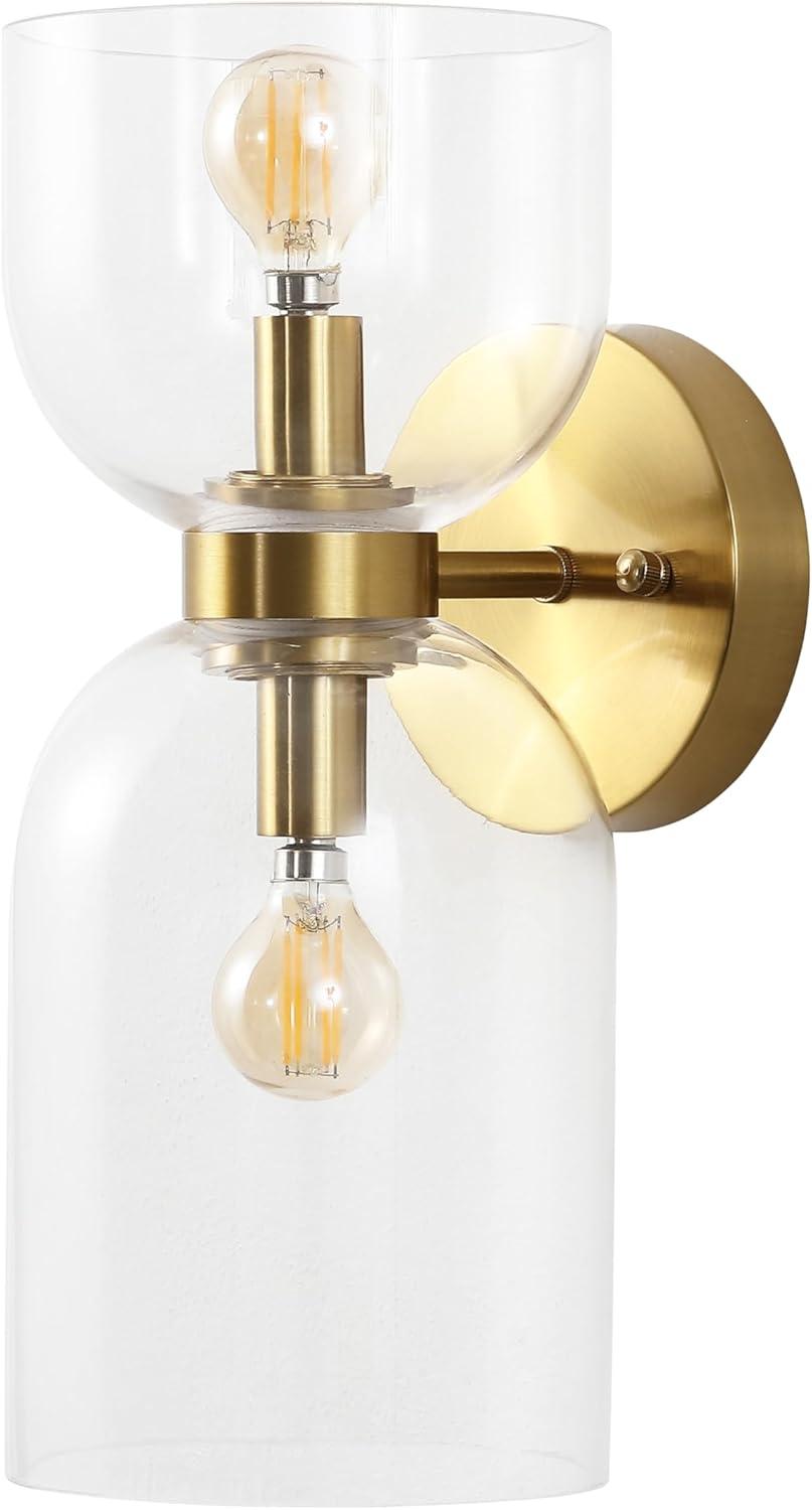 image:imageSAFAVIEH Lighting Collection Solyn Blue Glass ShadeBrass Wall Sconce Set of 2 Light Fixture Ideal for Bathroom Entryway Vanity Foyer Hallway Living Room LED Bulbs IncludedClearBrass