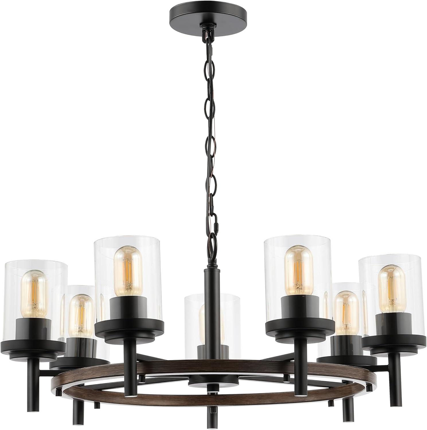 image:imageSAFAVIEH Lighting Collection Vancouver Modern BlackBrown 7Light Round Wagon Wheel Hanging Adjustable Chandelier Light Fixture LED Bulbs Included
