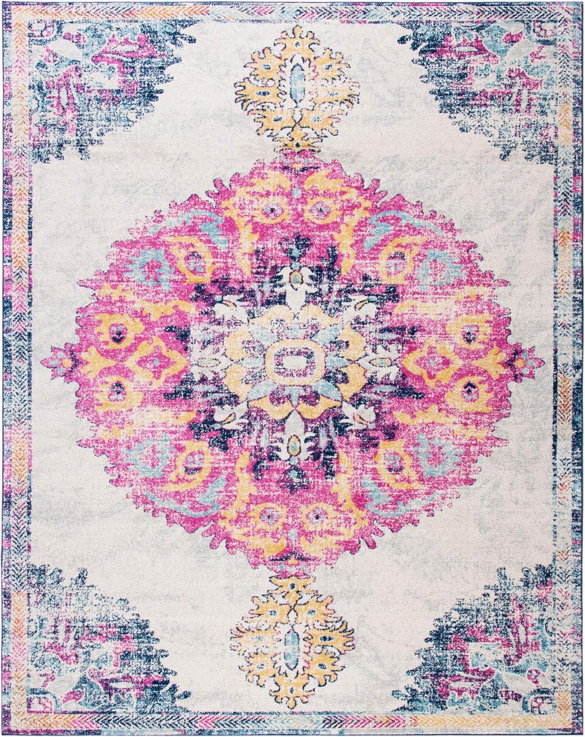 image:imageSAFAVIEH Madison Collection 53 x 76 Ivory Fuchsia MAD913A Medallion Distressed NonShedding Living Room Bedroom Dining Home Office Area RugIvory Fuchsia