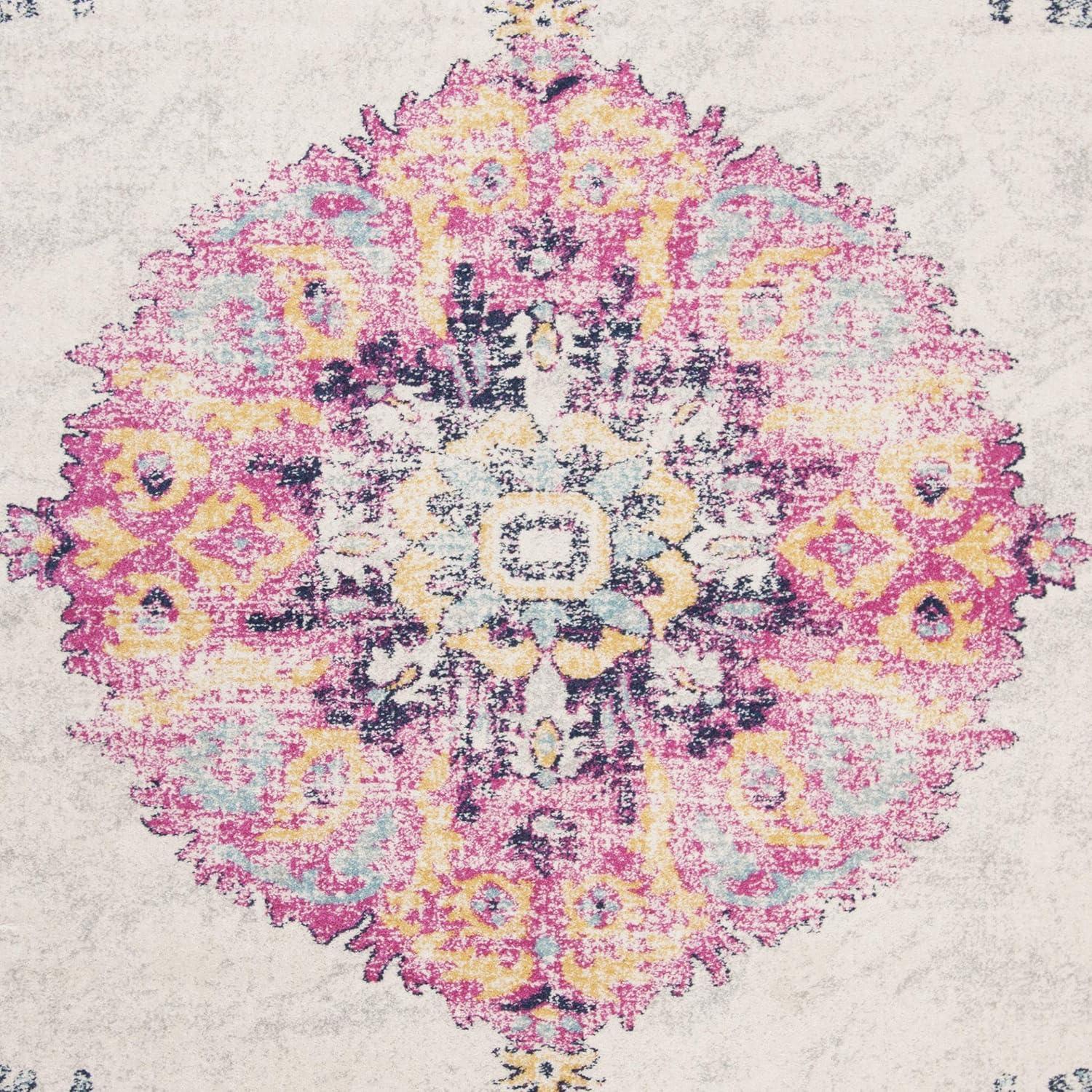 image:imageSAFAVIEH Madison Collection 53 x 76 Ivory Fuchsia MAD913A Medallion Distressed NonShedding Living Room Bedroom Dining Home Office Area RugIvory Fuchsia