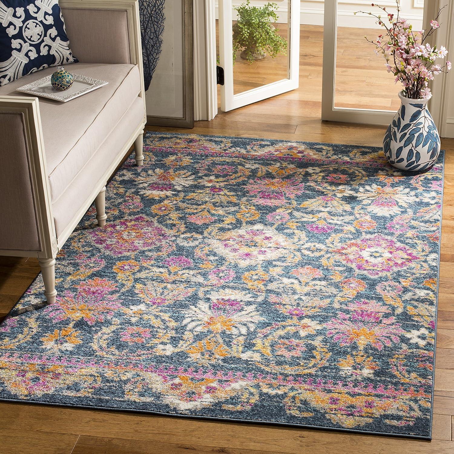 image:imageSAFAVIEH Madison Collection Area Rug 51 x 76 Blue amp Fuchsia Boho Chic Floral Design NonShedding amp Easy Care Ideal for High Traffic Areas in Living Room Bedroom MAD130CBlueFuchsia