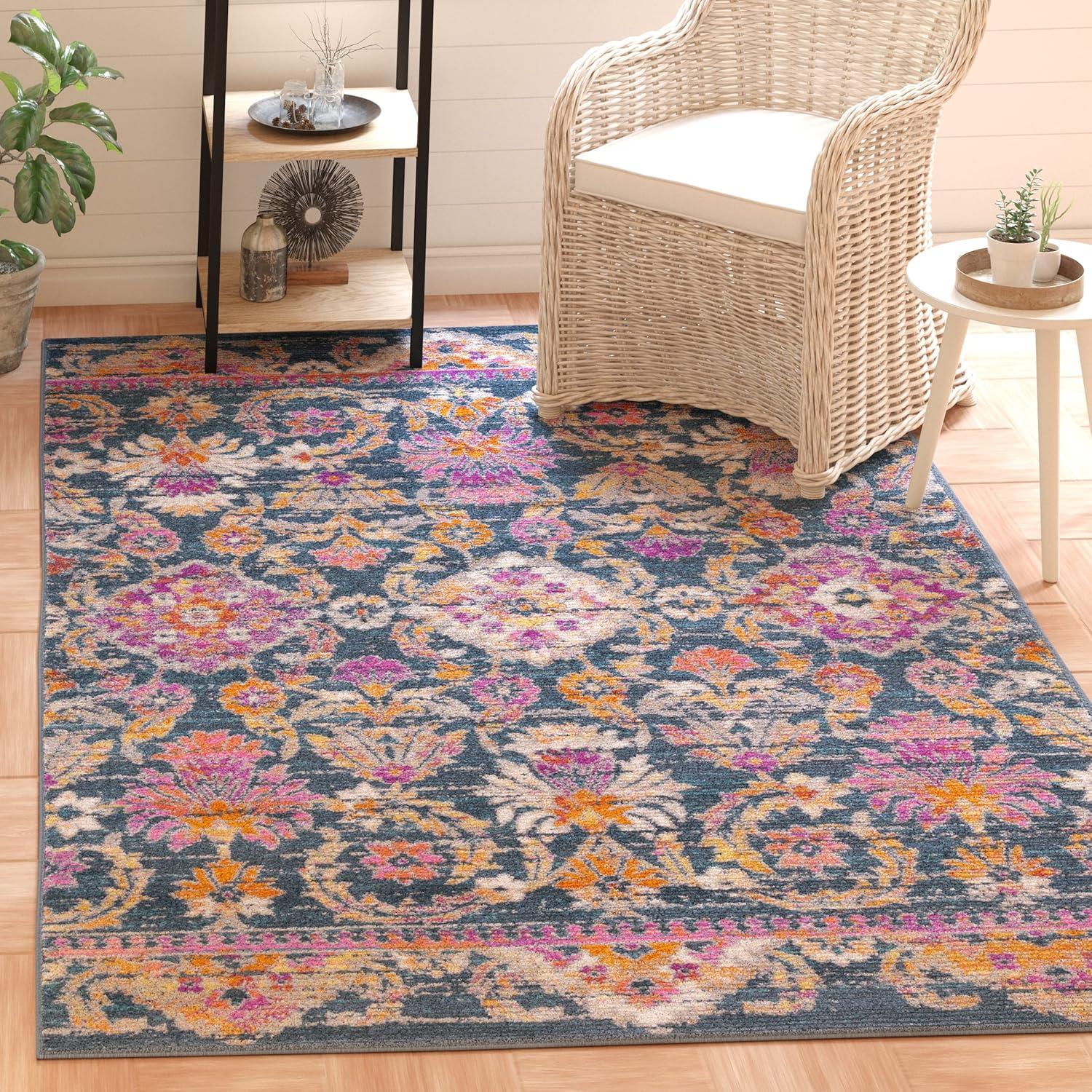 image:imageSAFAVIEH Madison Collection Area Rug 51 x 76 Blue amp Fuchsia Boho Chic Floral Design NonShedding amp Easy Care Ideal for High Traffic Areas in Living Room Bedroom MAD130CBlueFuchsia