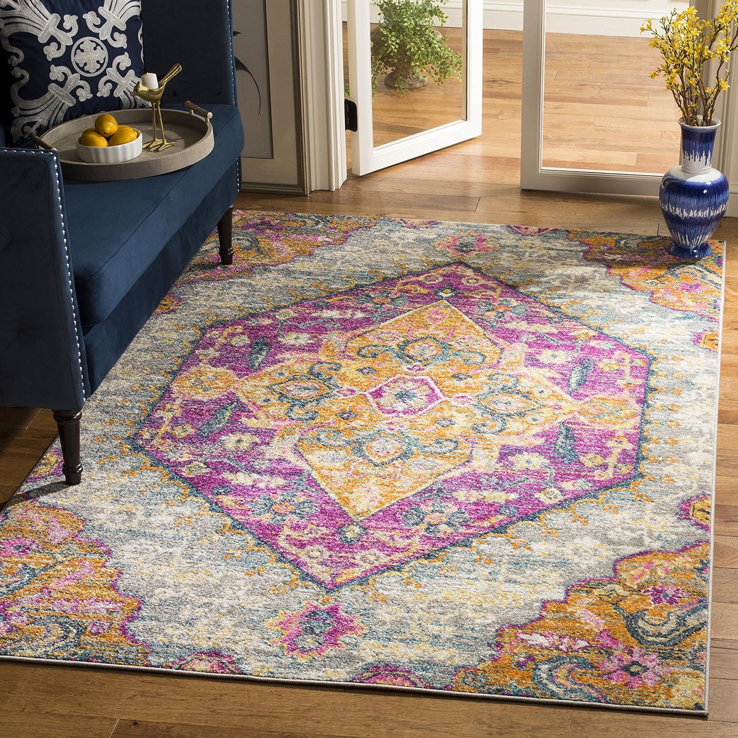 image:imageSAFAVIEH Madison Collection Area Rug 51 x 76 Blue amp Fuchsia Boho Chic Medallion Design NonShedding amp Easy Care Ideal for High Traffic Areas in Living Room Bedroom MAD119CLight GreyFuchsia