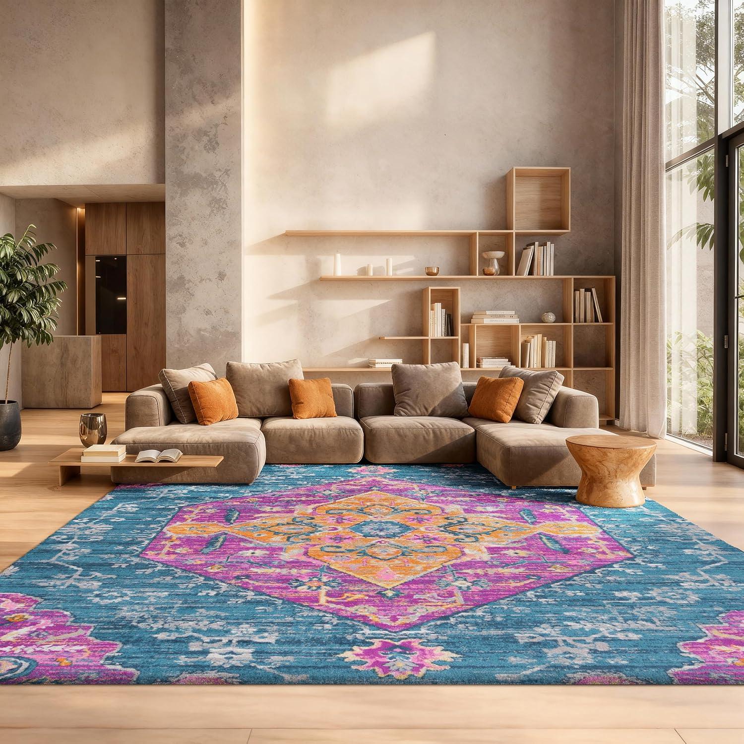 image:imageSAFAVIEH Madison Collection Area Rug 51 x 76 Blue amp Fuchsia Boho Chic Medallion Design NonShedding amp Easy Care Ideal for High Traffic Areas in Living Room Bedroom MAD119CBlueFuchsia