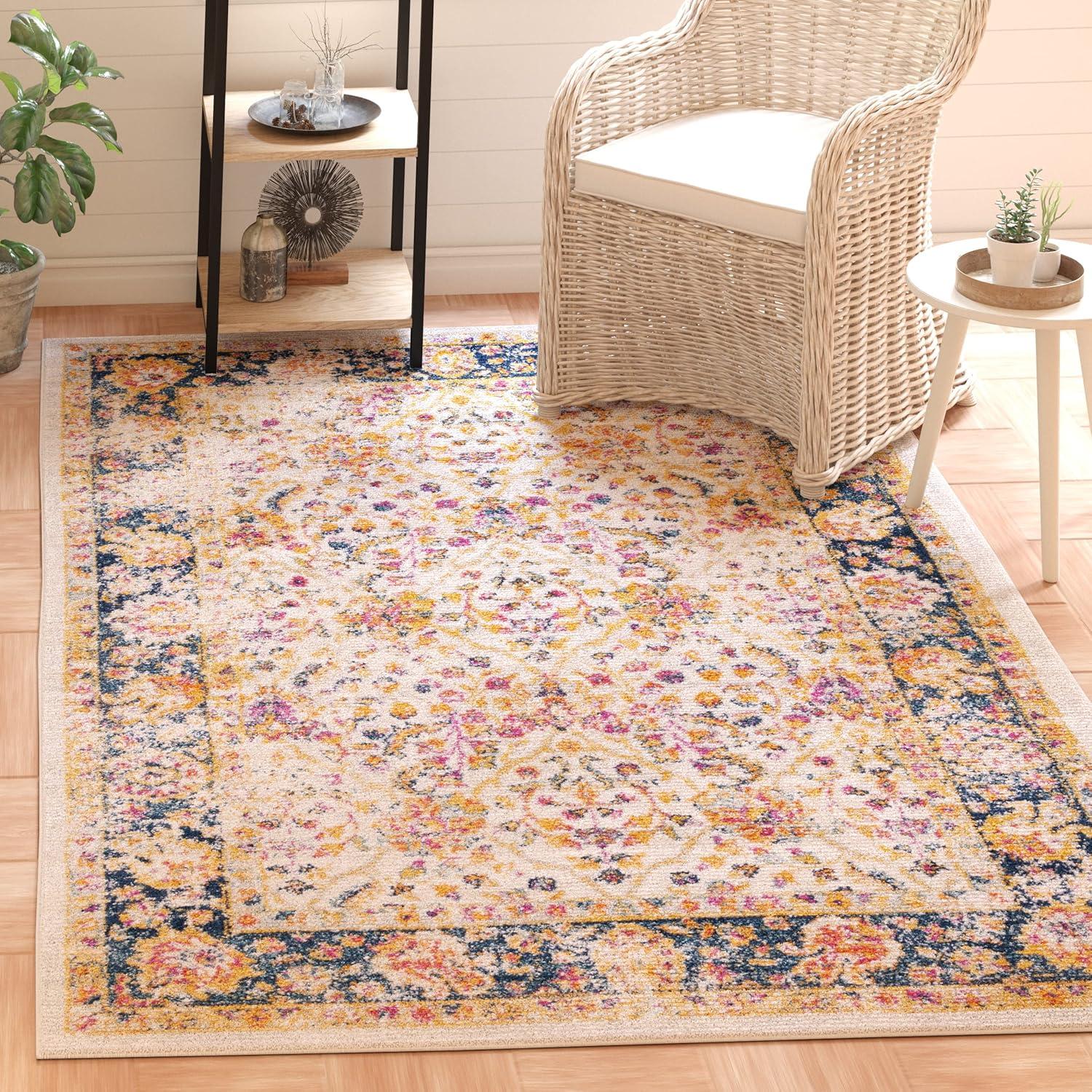 image:imageSAFAVIEH Madison Collection Area Rug 53 x 76 Cream amp Navy Oriental Boho Chic Distressed Design NonShedding amp Easy Care Ideal for High Traffic Areas in Living Room Bedroom MAD609DCreamNavy