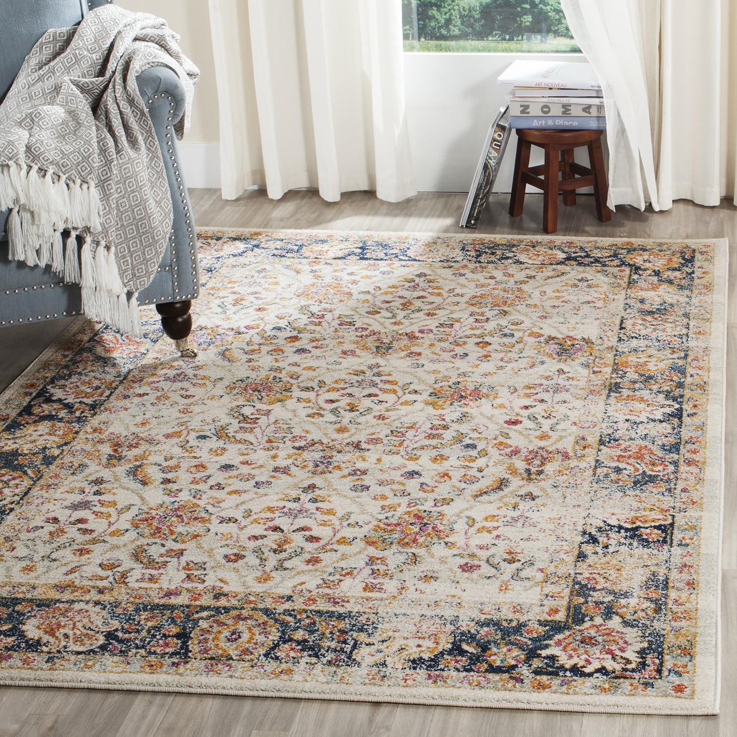 image:imageSAFAVIEH Madison Collection Area Rug 53 x 76 Cream amp Navy Oriental Boho Chic Distressed Design NonShedding amp Easy Care Ideal for High Traffic Areas in Living Room Bedroom MAD609DCreamNavy