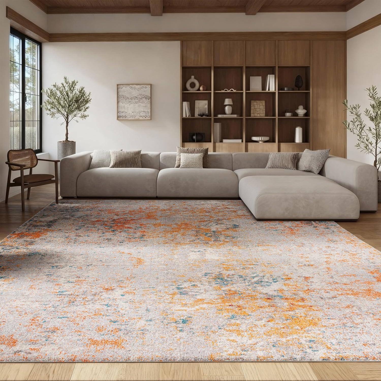 image:imageSAFAVIEH Madison Collection Area Rug 53 x 76 Grey amp Beige Modern Abstract Design NonShedding amp Easy Care Ideal for High Traffic Areas in Living Room Bedroom MAD453AIvoryOrange
