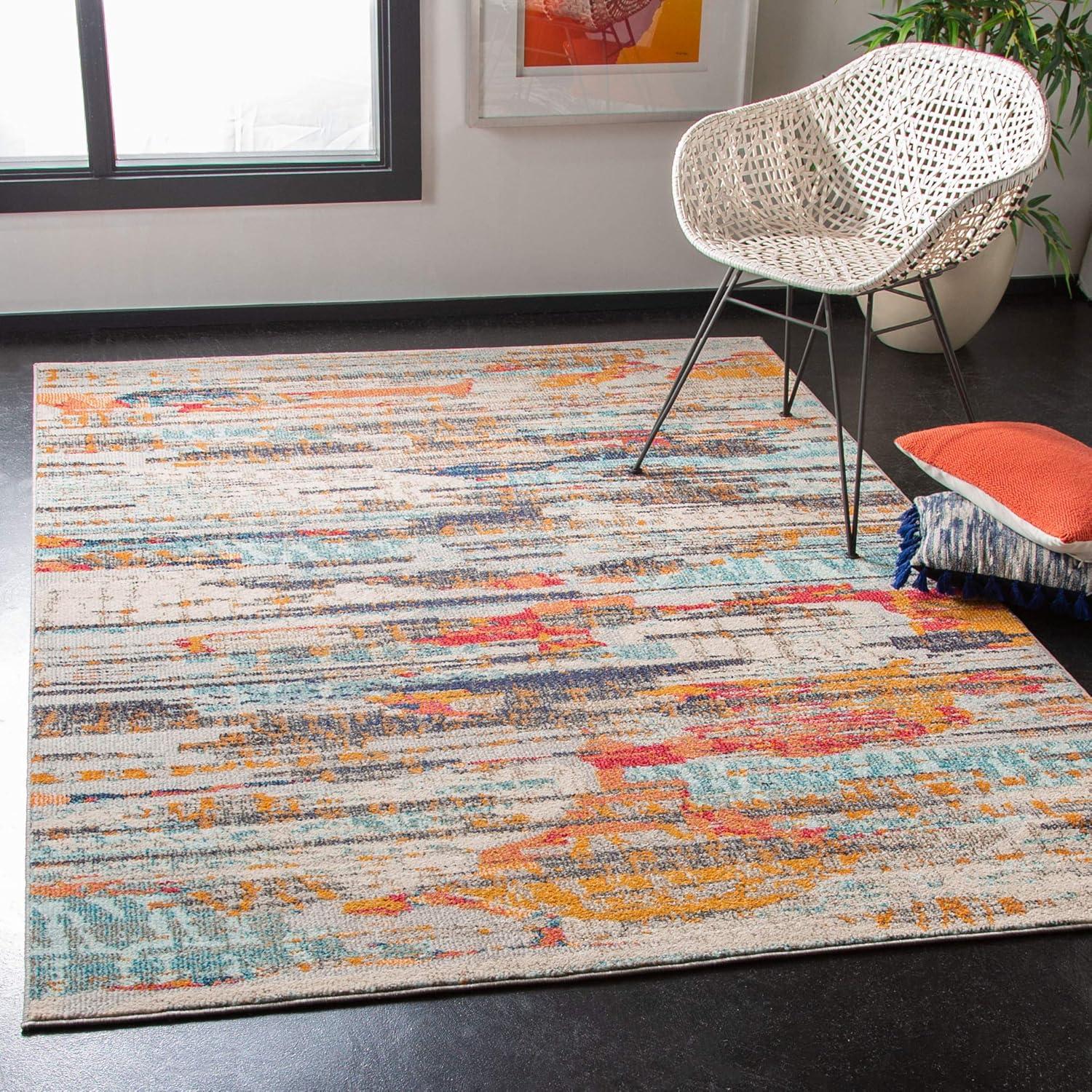 image:imageSAFAVIEH Madison Collection Area Rug 53 x 76 Grey amp Turquoise Boho Abstract Distressed Design NonShedding amp Easy Care Ideal for High Traffic Areas in Living Room Bedroom MAD419FIvoryMulti