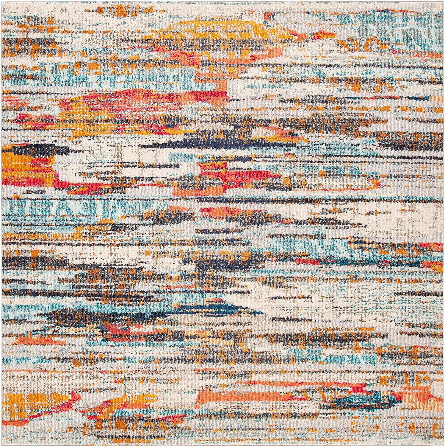 image:imageSAFAVIEH Madison Collection Area Rug 53 x 76 Grey amp Turquoise Boho Abstract Distressed Design NonShedding amp Easy Care Ideal for High Traffic Areas in Living Room Bedroom MAD419FIvoryMulti