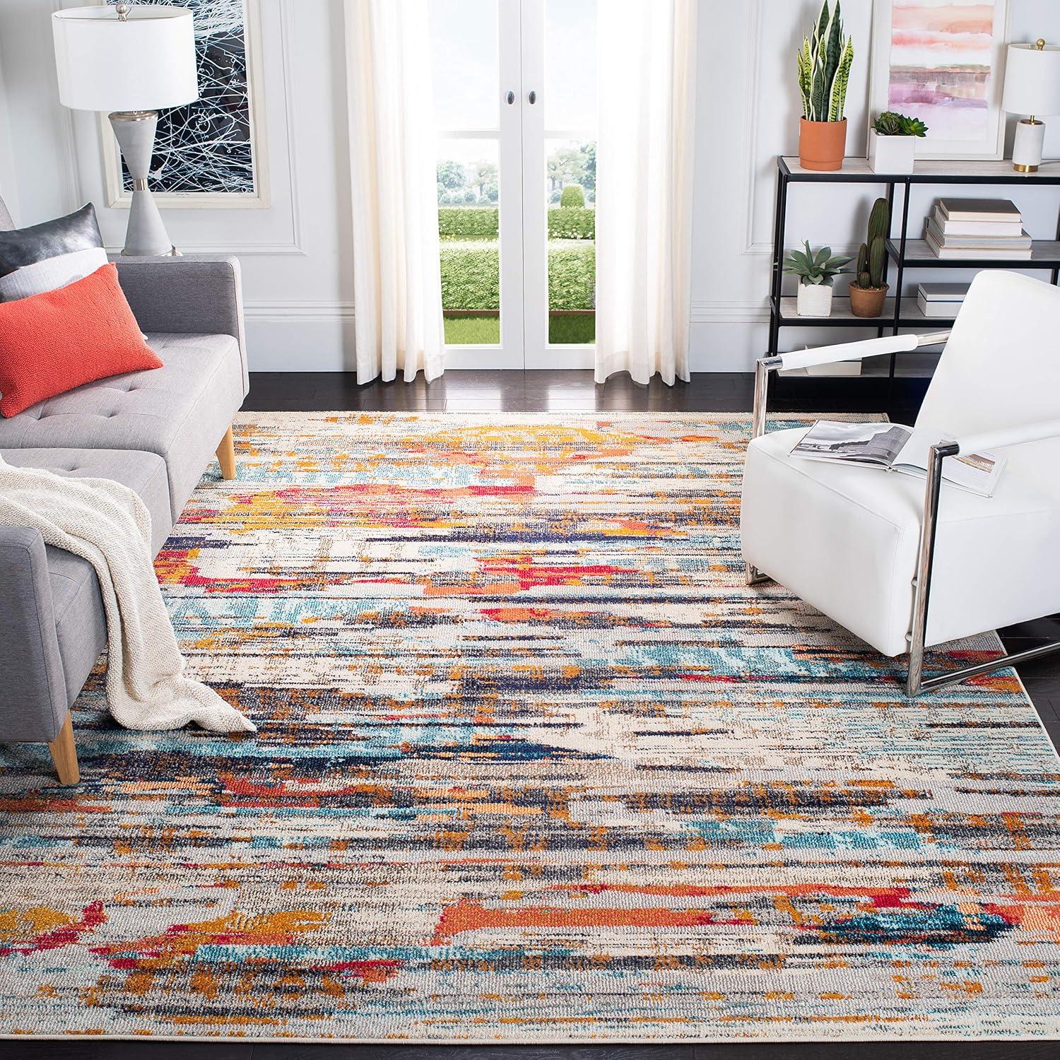 image:imageSAFAVIEH Madison Collection Area Rug 53 x 76 Grey amp Turquoise Boho Abstract Distressed Design NonShedding amp Easy Care Ideal for High Traffic Areas in Living Room Bedroom MAD419FIvoryMulti