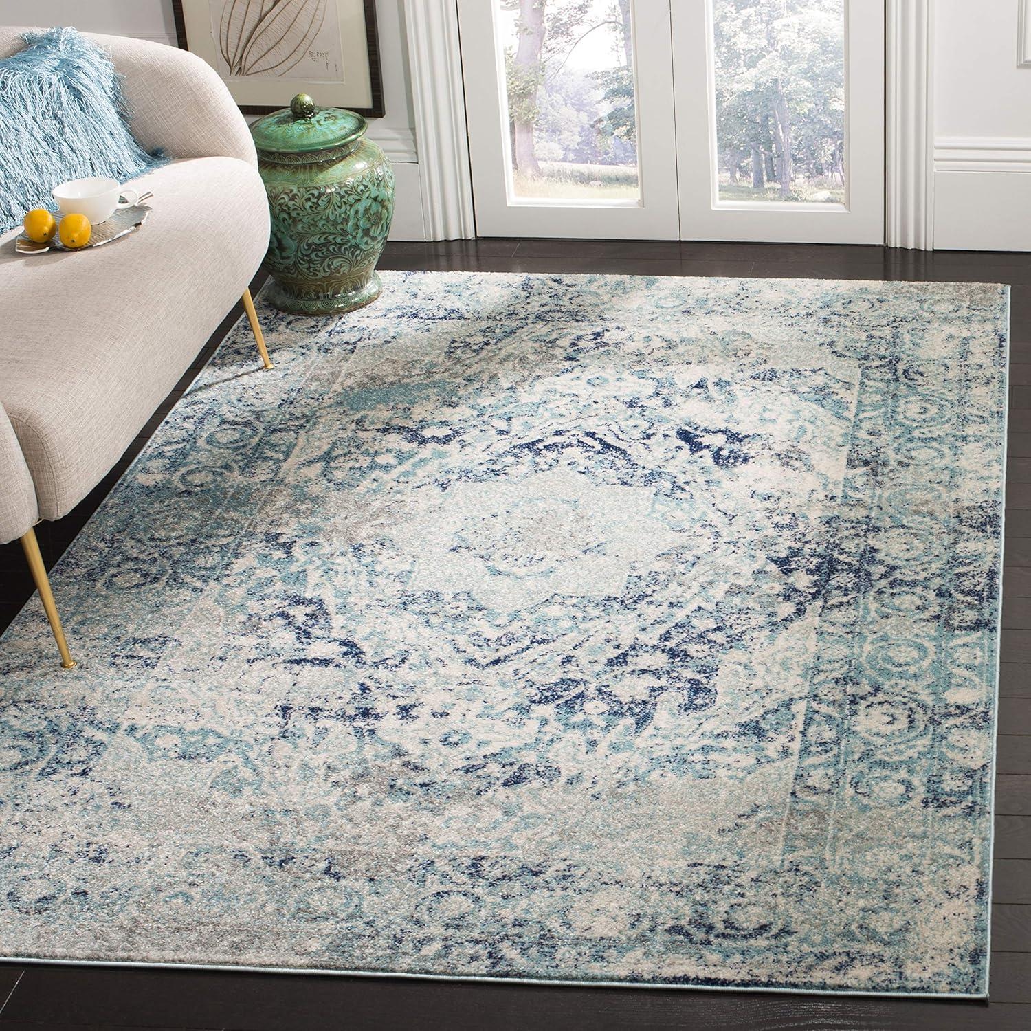 image:imageSAFAVIEH Madison Collection Area Rug 53 x 76 Ivory amp Blue Boho Chic Medallion Design NonShedding amp Easy Care Ideal for High Traffic Areas in Living Room Bedroom MAD152MIvoryBlue