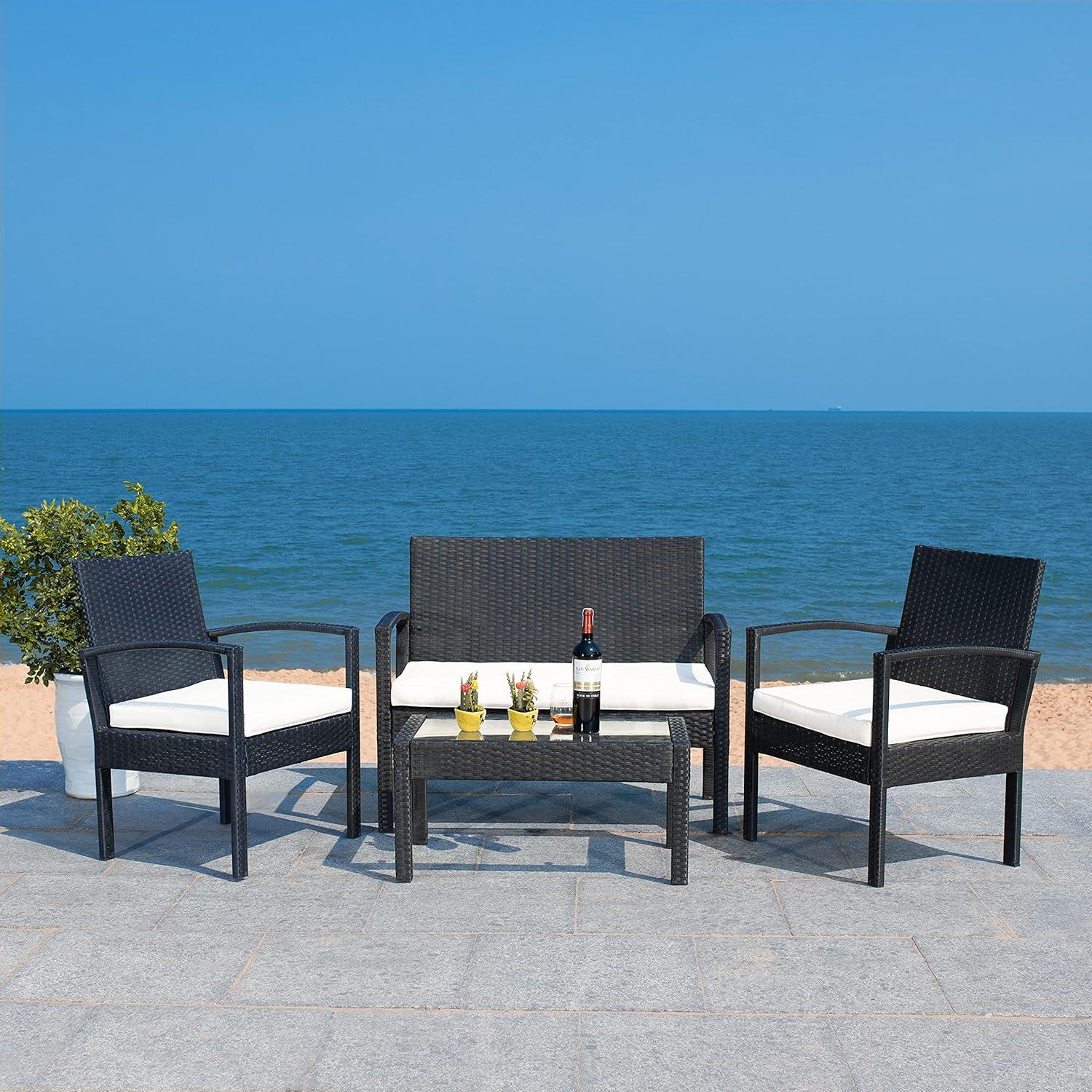 image:imageSAFAVIEH Outdoor Collection Bassey NaturalWhite Cushion 4Piece Conversation Patio Set PAT7507DBlackBeige