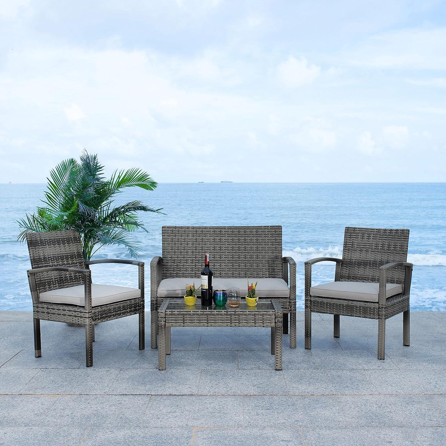 image:imageSAFAVIEH Outdoor Collection Bassey NaturalWhite Cushion 4Piece Conversation Patio Set PAT7507DGreyGrey