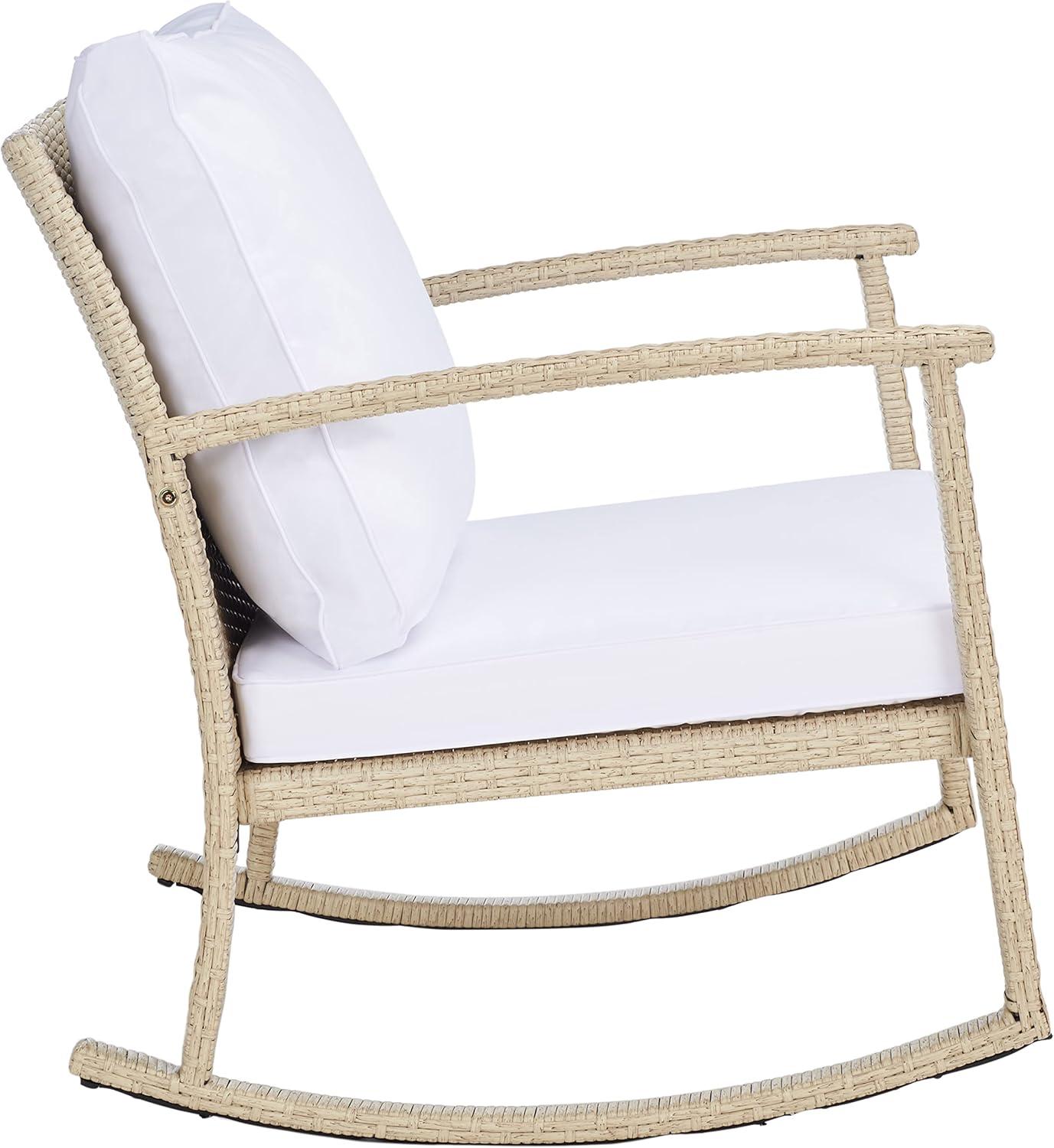 image:imageSAFAVIEH Outdoor Collection Daire Woven BeigeWhite Cushion Rocking Chair for Patio Porch Backyard SunroomBeigeWhite
