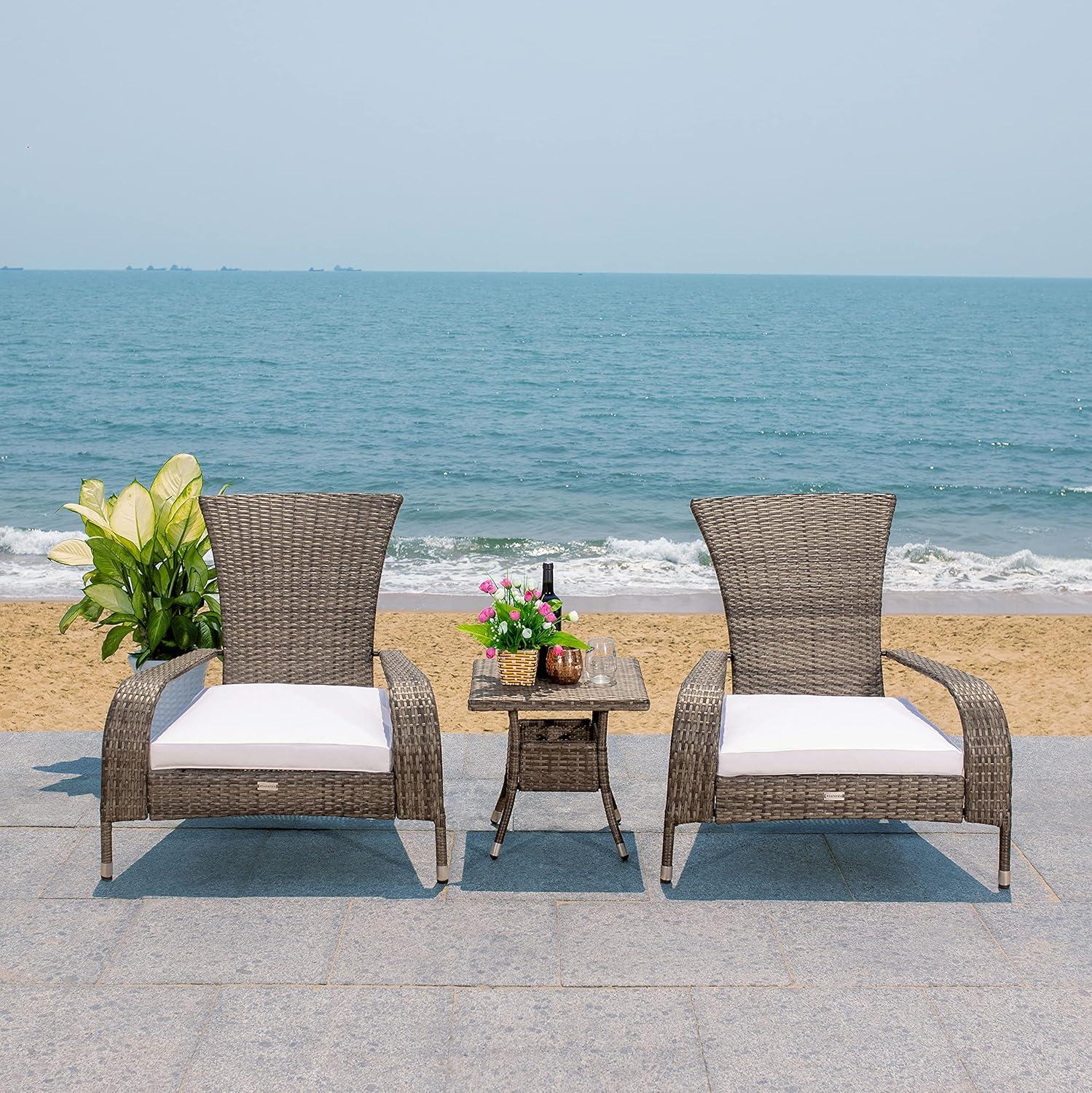 image:imageSAFAVIEH Outdoor Collection Edna NaturalWhite Cushion 3Piece Lounge Set with Table PAT7719DGrey BrownWhite