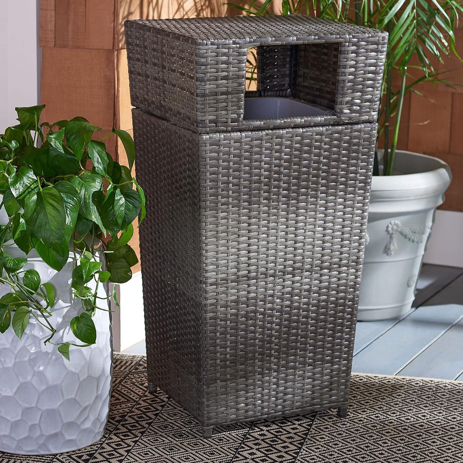 image:imageSAFAVIEH Outdoor Collection Mazeli Grey Brown Woven Square Lid Trash Bin Fully Assembled PAT7512CGrey Brown