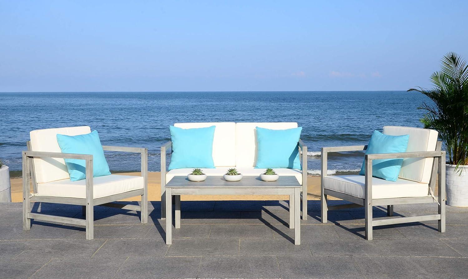 image:imageSAFAVIEH Outdoor Collection Montez Natural Beige Cushions Navy Pillows 4Piece Conversation Patio SetGrey Beige Solid Pillow