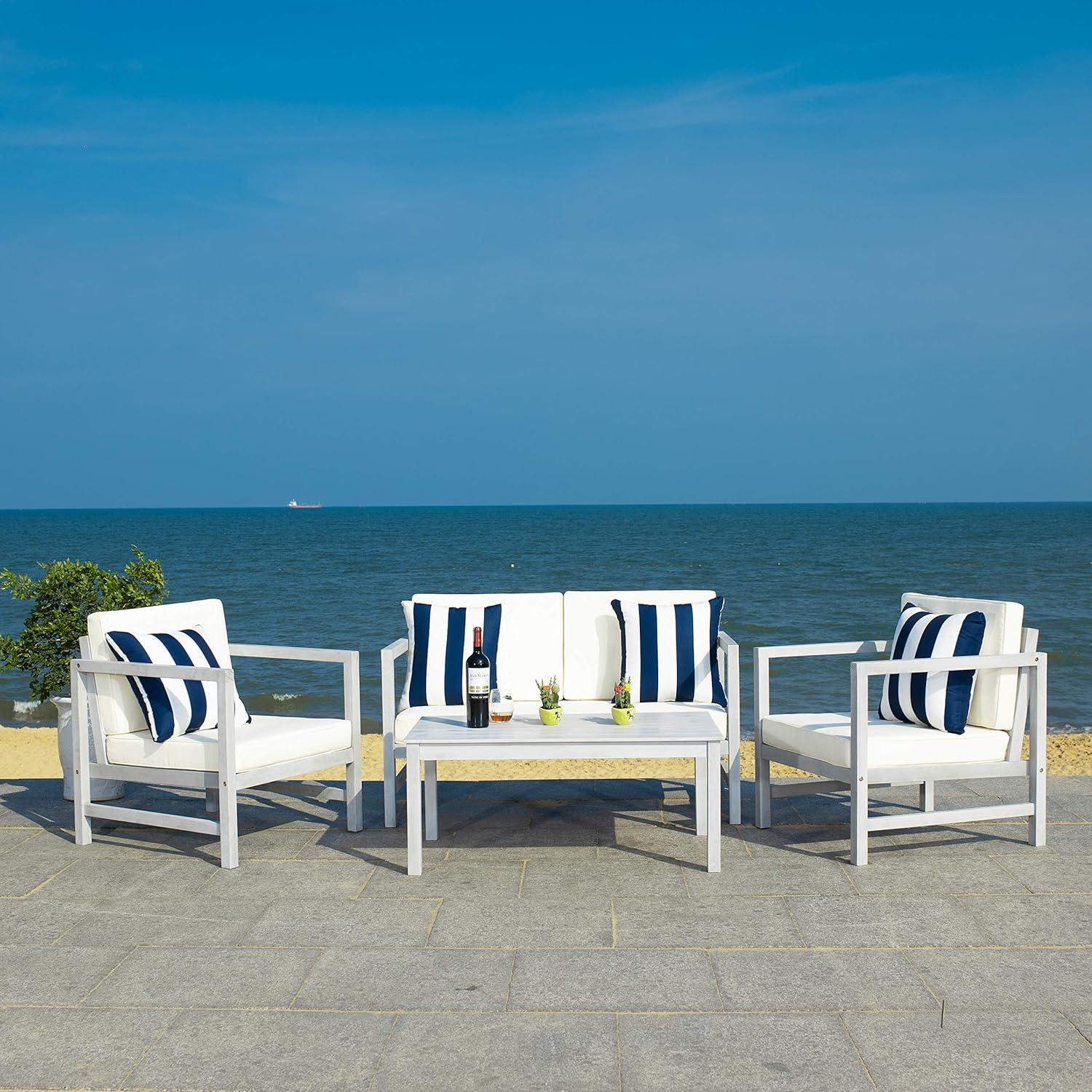 image:imageSAFAVIEH Outdoor Collection Montez Natural Beige Cushions Navy Pillows 4Piece Conversation Patio SetGrey Beige Thick Stripe P