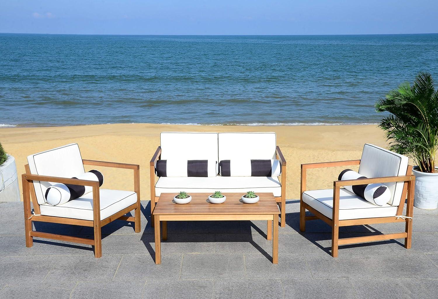 image:imageSAFAVIEH Outdoor Collection Montez Natural Beige Cushions Navy Pillows 4Piece Conversation Patio SetNatural Beige Bolster P