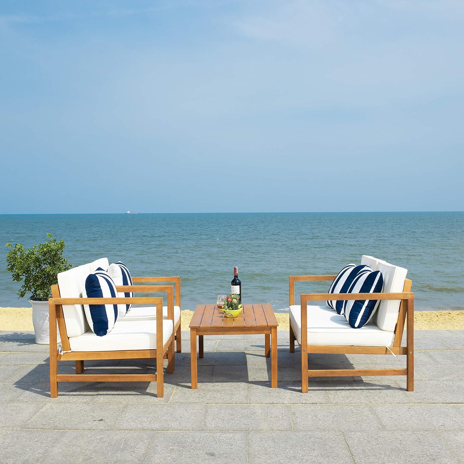 image:imageSAFAVIEH Outdoor Collection Montez Natural Beige Cushions Navy Pillows 4Piece Conversation Patio SetNatural Beige Thick Stripe P