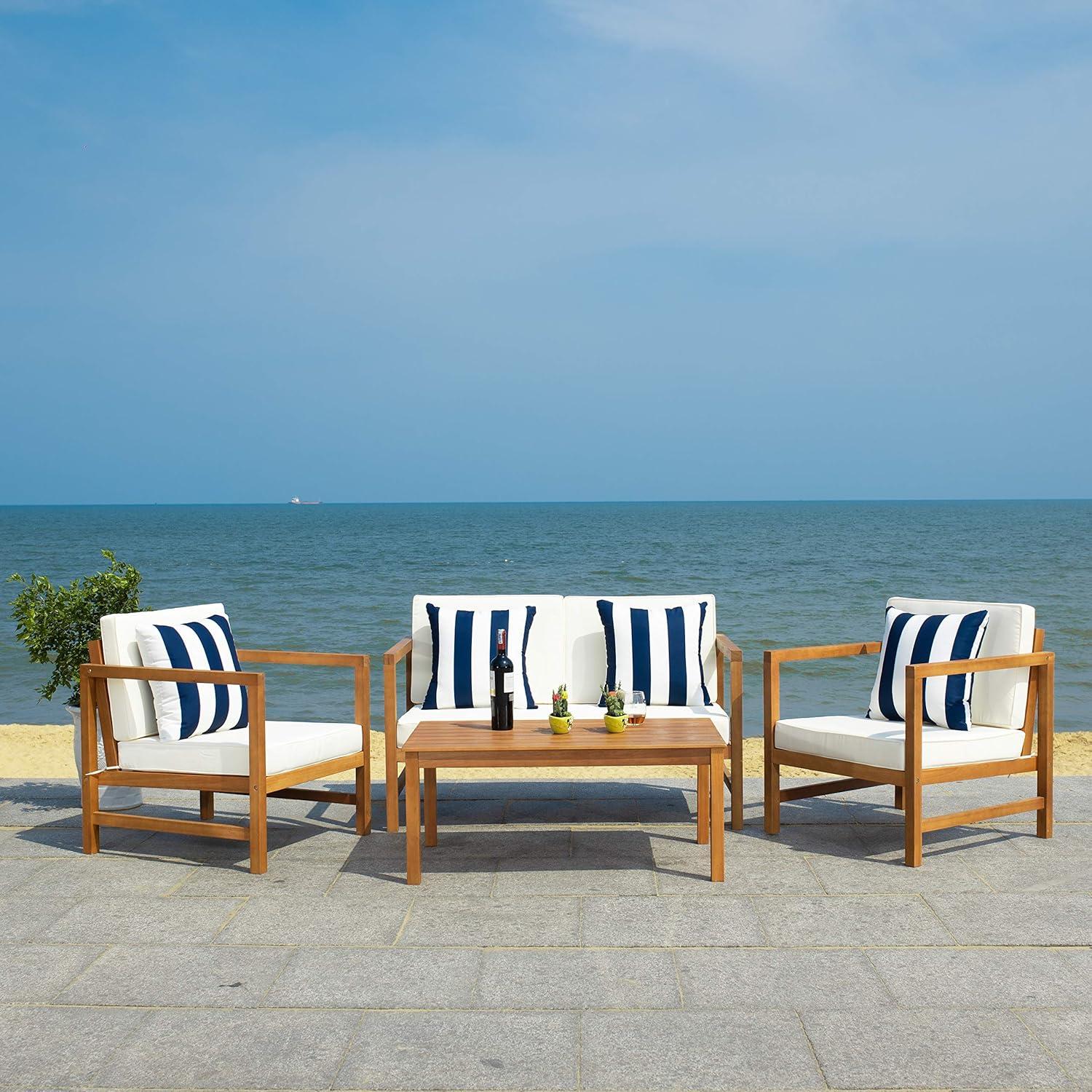 image:imageSAFAVIEH Outdoor Collection Montez Natural Beige Cushions Navy Pillows 4Piece Conversation Patio SetNatural Beige Thick Stripe P
