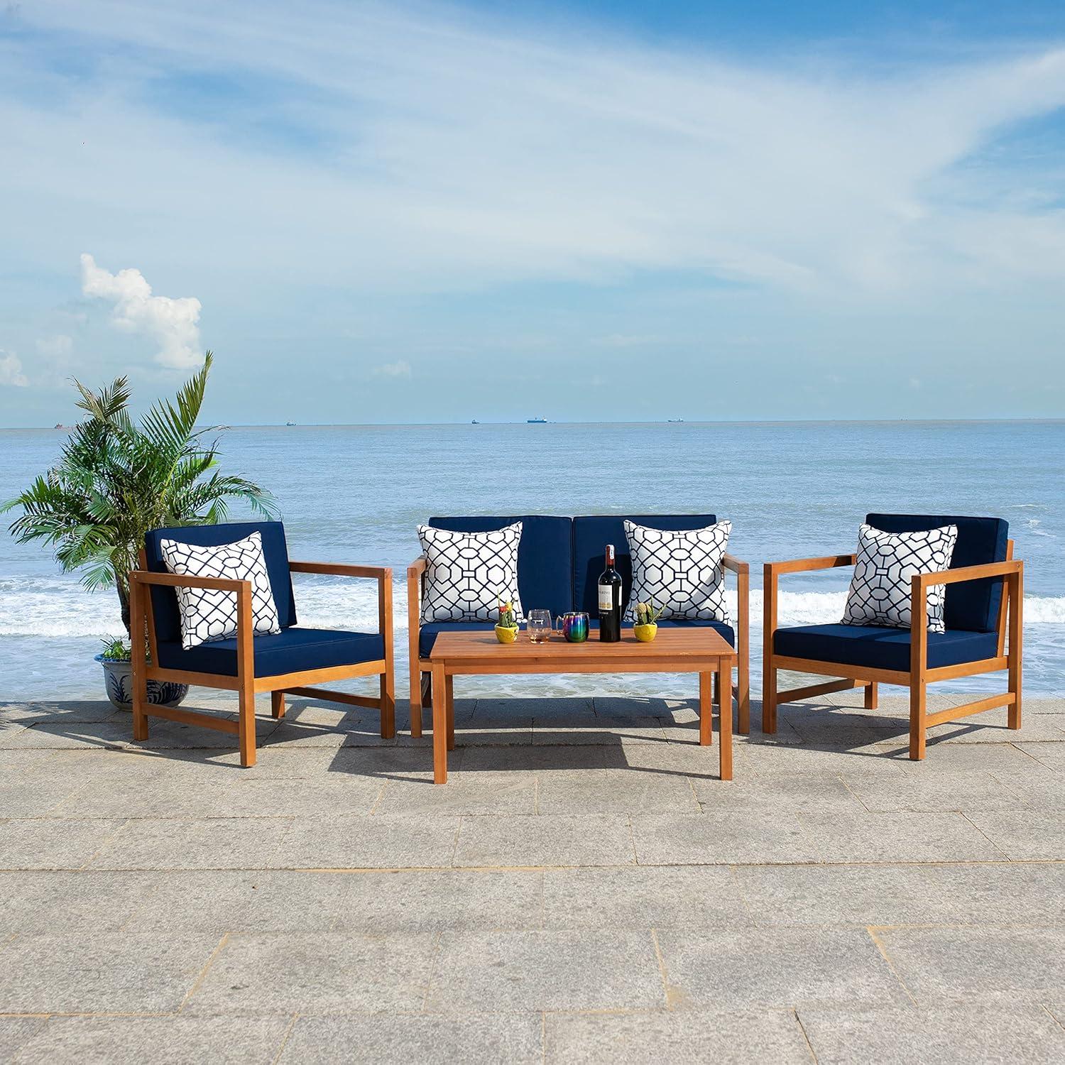 image:imageSAFAVIEH Outdoor Collection Montez Natural Beige Cushions Navy Pillows 4Piece Conversation Patio SetNatural Navy Trellis P