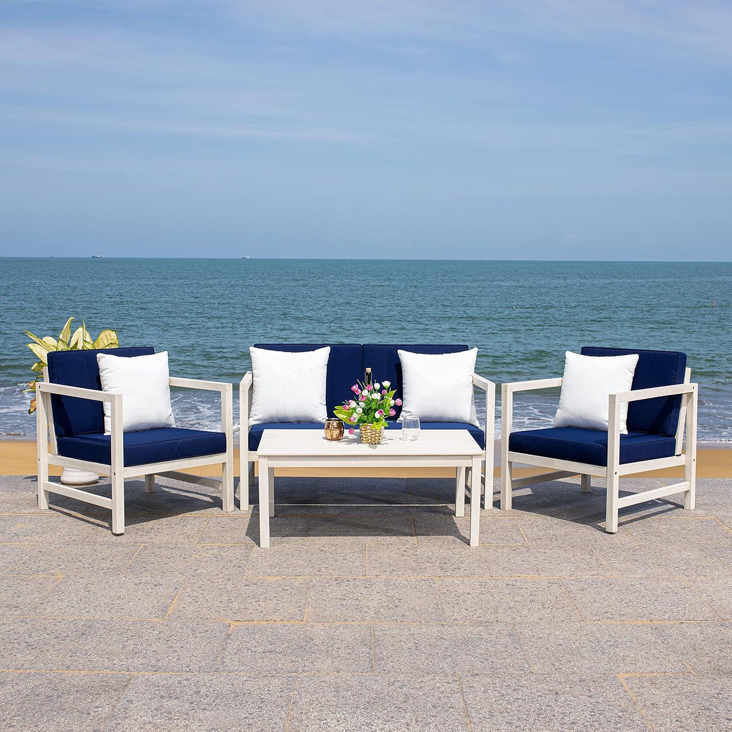 image:imageSAFAVIEH Outdoor Collection Montez Natural Beige Cushions Navy Pillows 4Piece Conversation Patio SetWhite Navy Solid Pillow